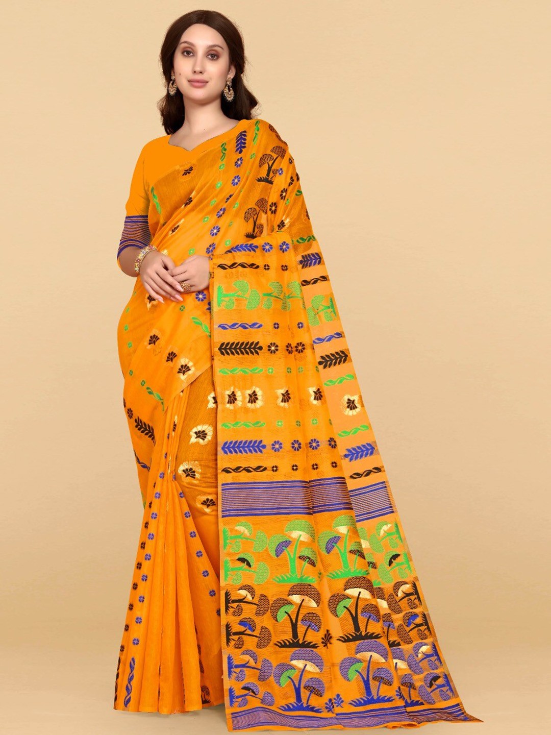 

ZIKARAA Woven Design Jute Cotton Jamdani Saree, Orange