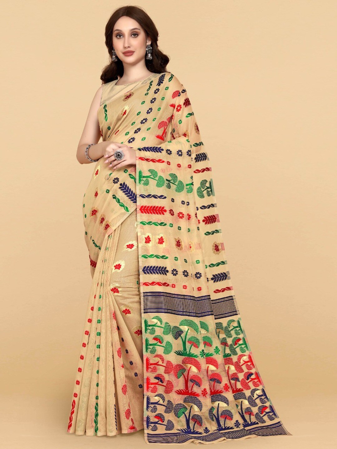 

ZIKARAA Woven Design Jute Cotton Jamdani Saree, Beige