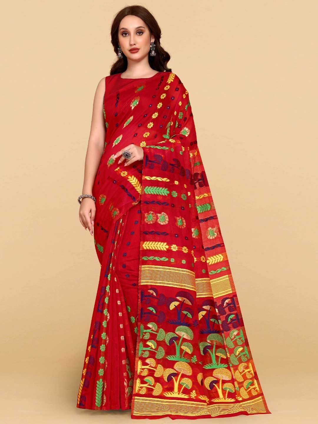 

ZIKARAA Woven Design Jute Cotton Jamdani Saree, Red
