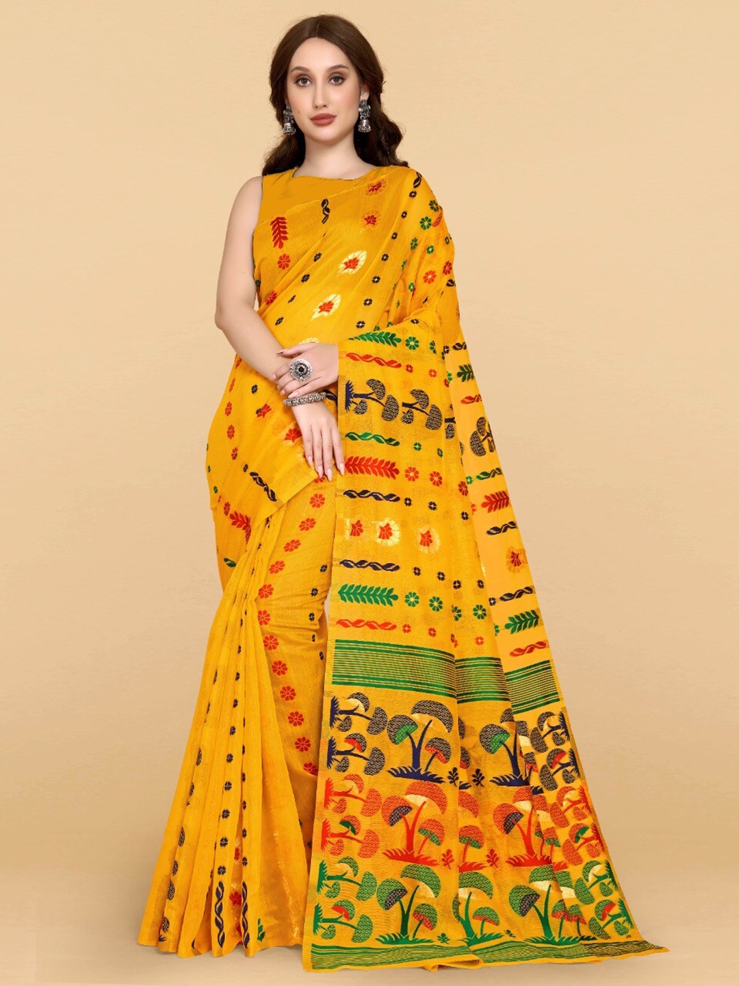 

ZIKARAA Woven Design Jute Cotton Jamdani Saree, Yellow