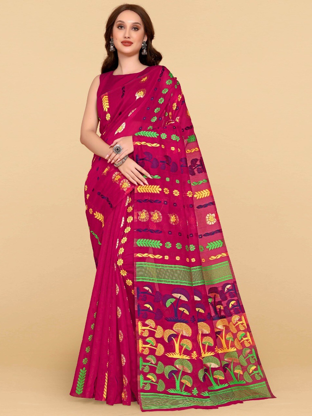 

ZIKARAA Woven Design Jute Cotton Jamdani Saree, Pink
