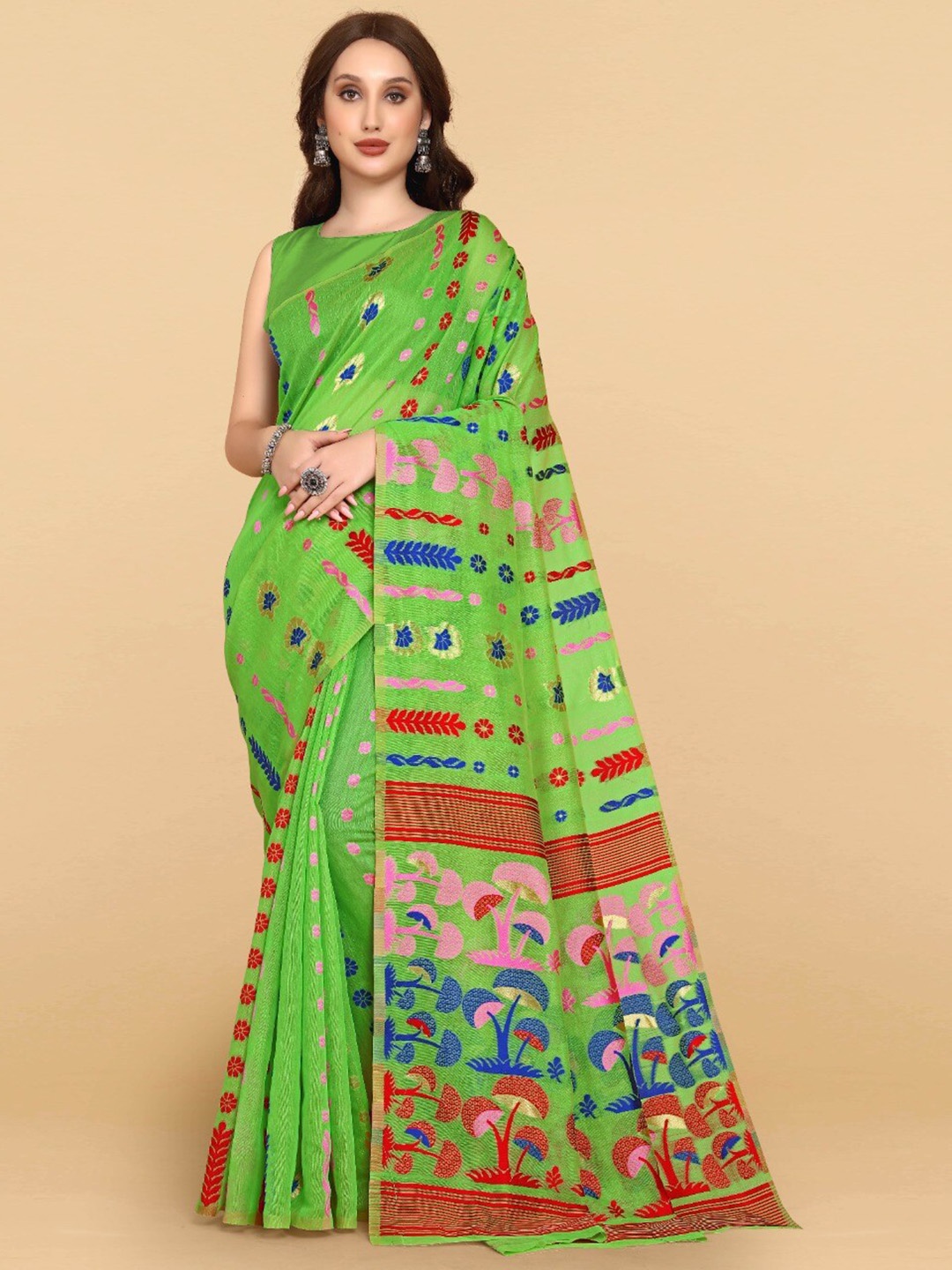 

ZIKARAA Woven Design Zari Jute Cotton Jamdani Saree, Green