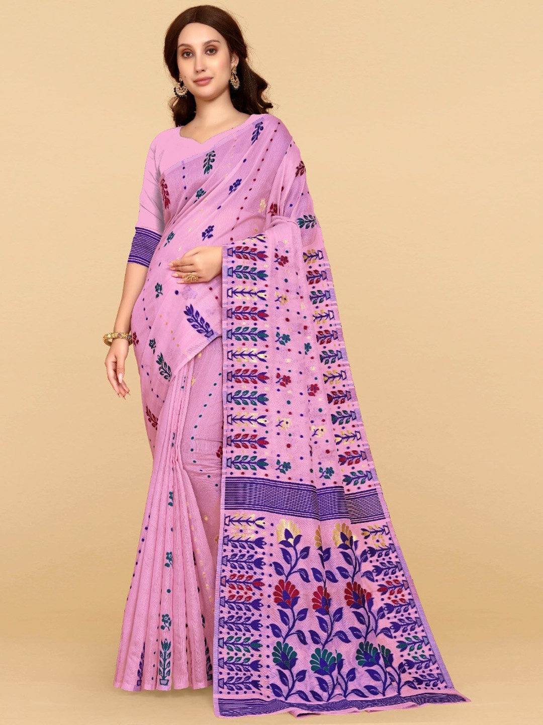 

ZIKARAA Woven Design Jute Cotton Jamdani Saree, Pink