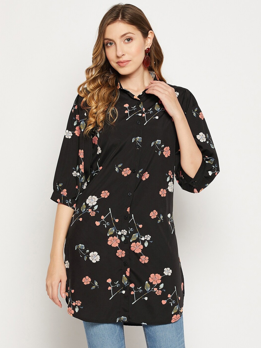 

Fashfun Shirt Collar Printed Tunic, Black
