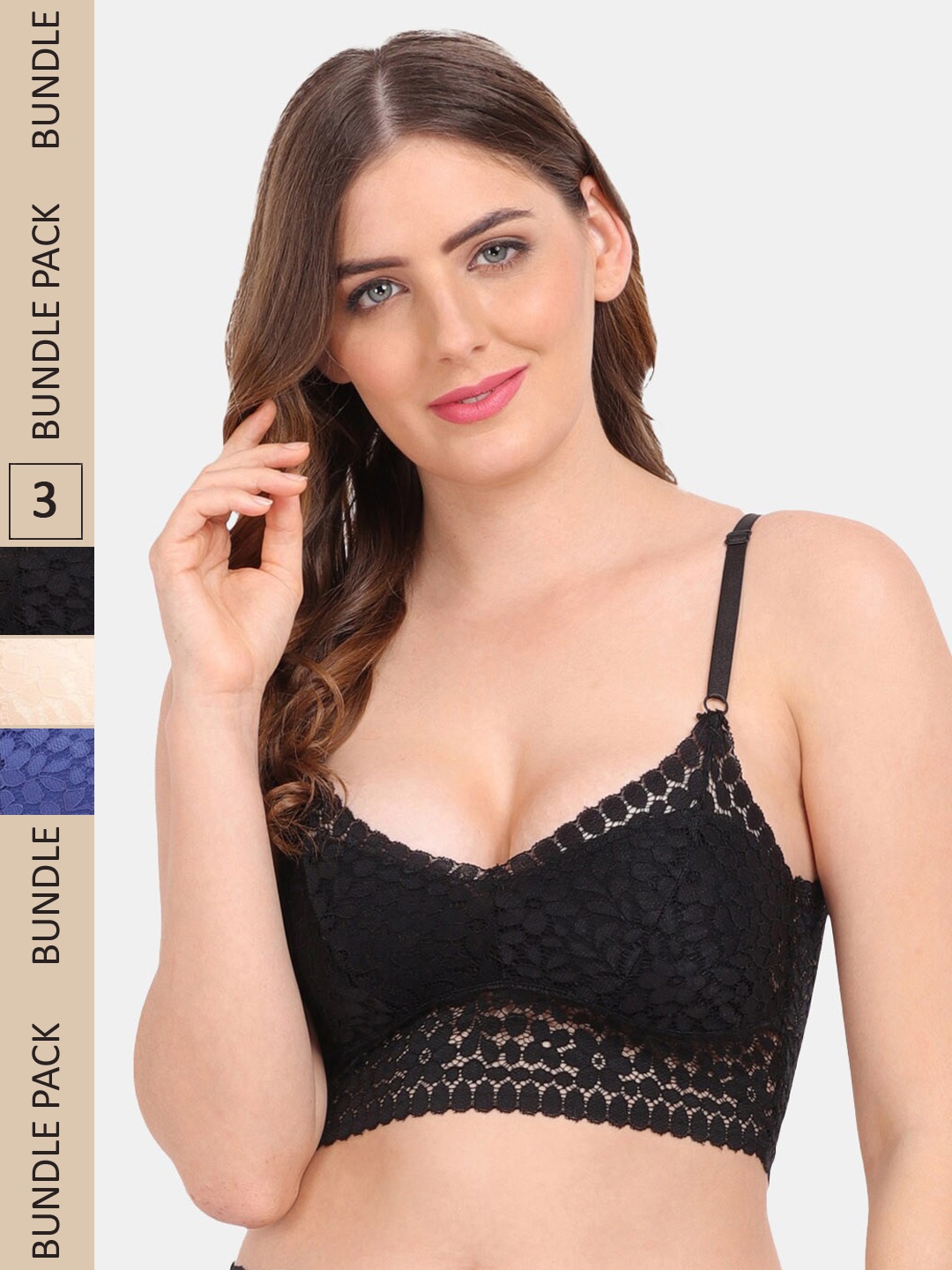 

Amour Secret Pack of 3 Floral Bralette Lightly Padded Bra PD53162, Black