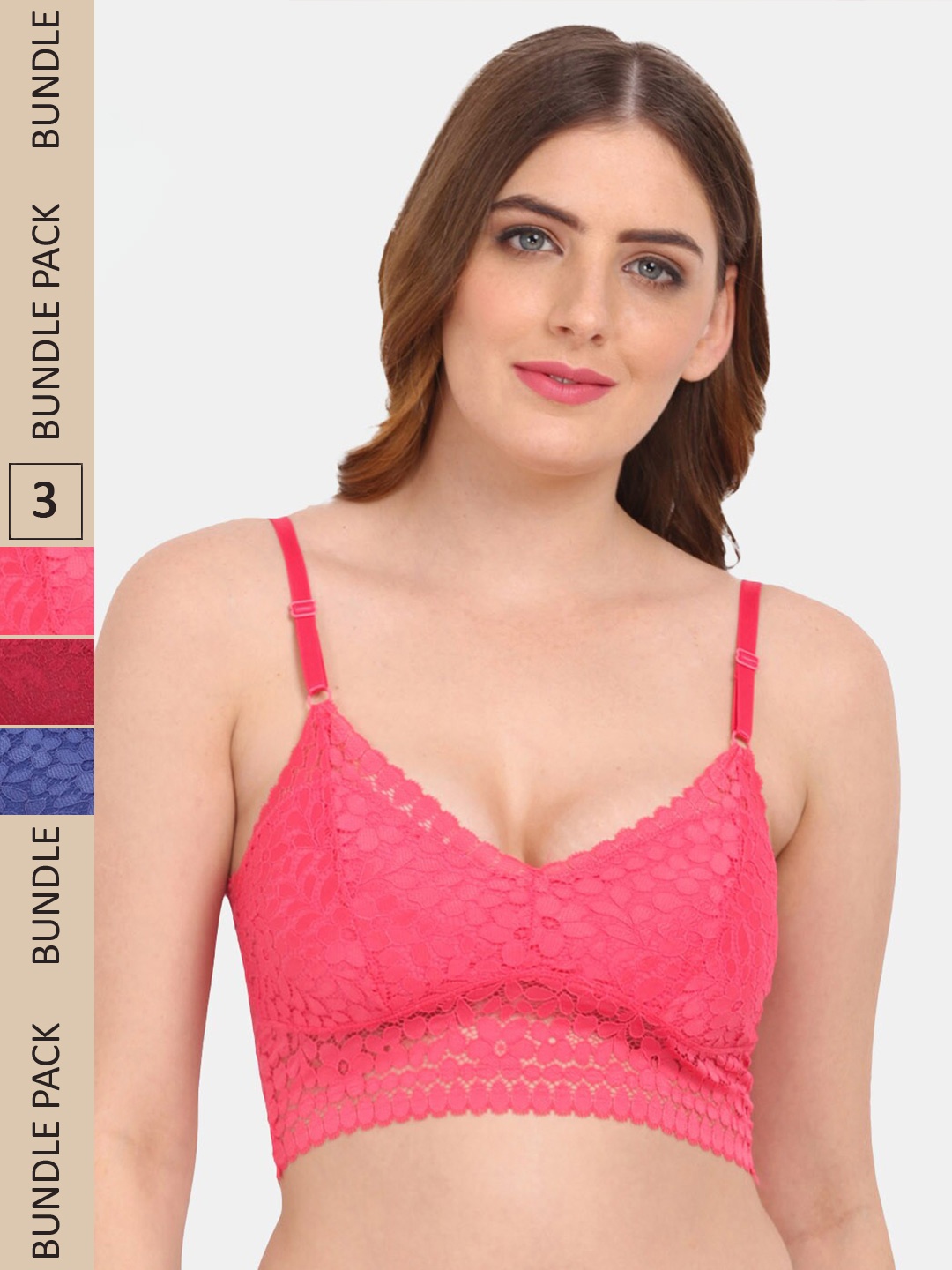 

Amour Secret Pack of 3 Floral Bralette Lightly Padded Bra PD53162, Coral