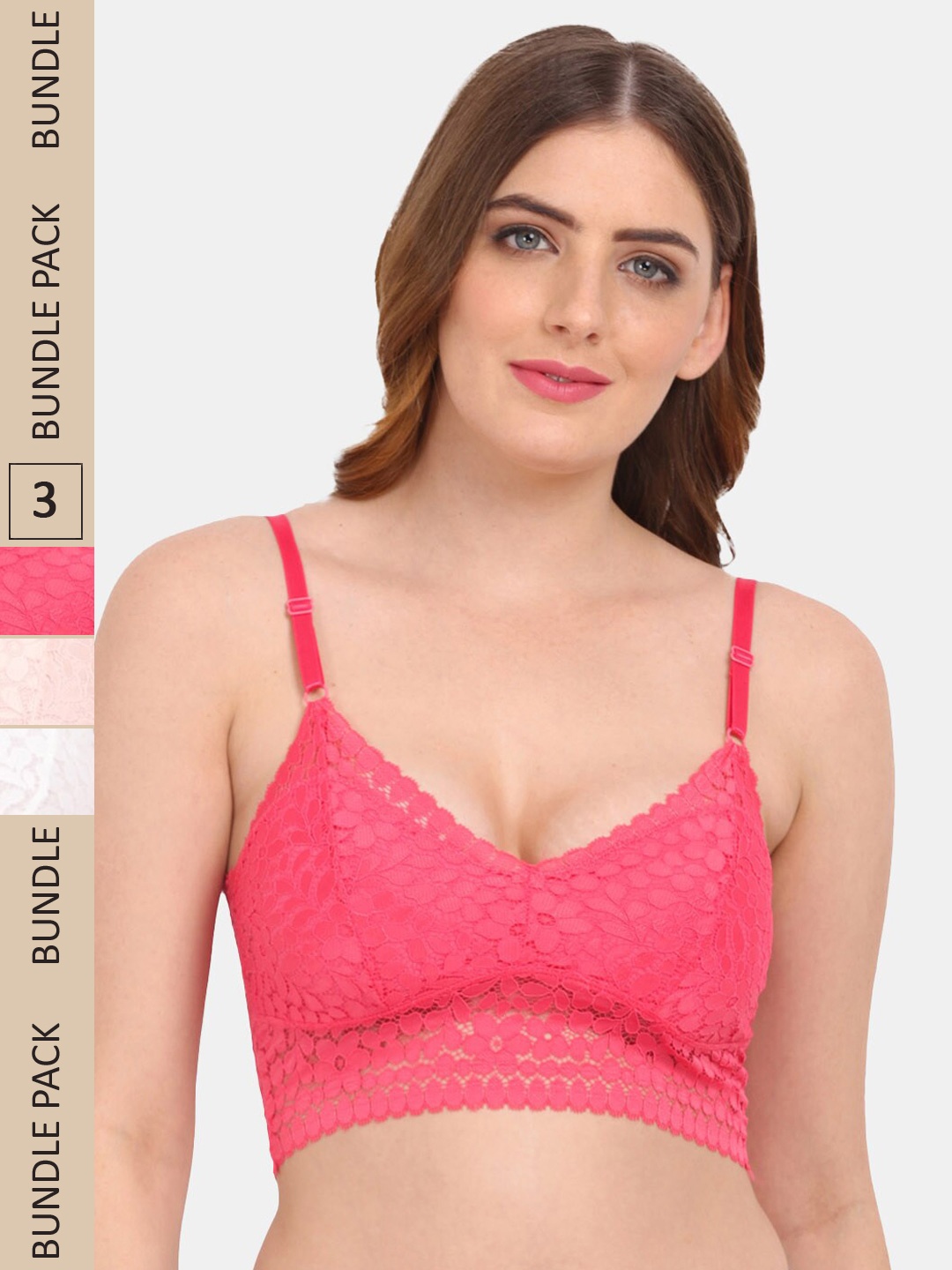 

Amour Secret Pack of 3 Floral Bralette Lightly Padded Bra PD53162, Coral