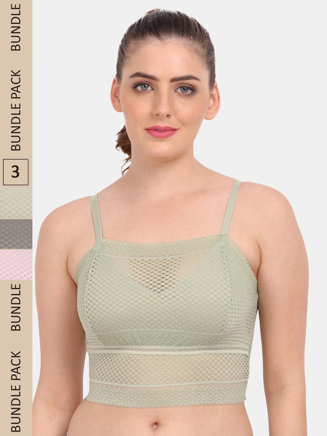 

Amour Secret Pack of 3 Floral Bralette Lightly Padded Bra PD837, Green