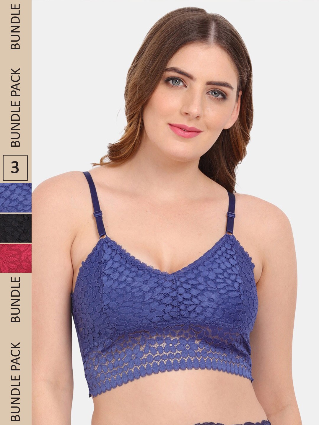 

Amour Secret Pack of 3 Floral Bralette Lightly Padded Bra PD53162, Black