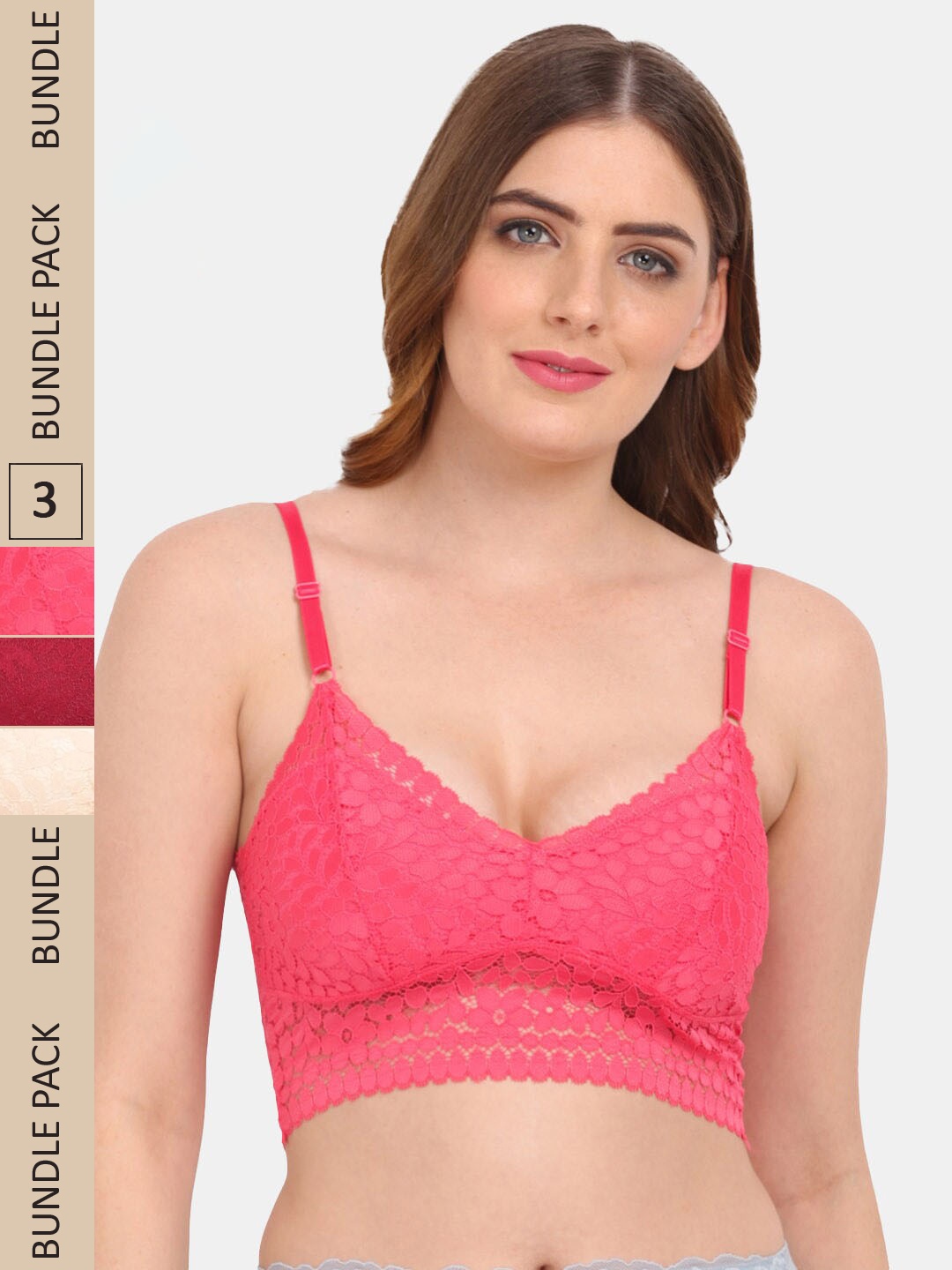 

Amour Secret Pack Of 3 Floral Bralette Lace Bra, Coral