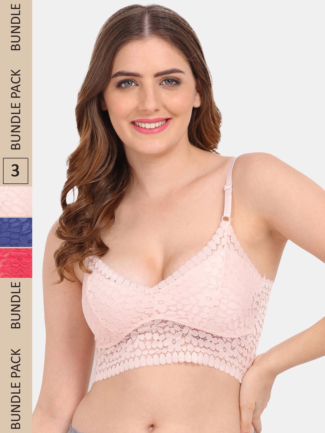 

Amour Secret Pack Of 3 Floral Bralette Lace Bra, Coral