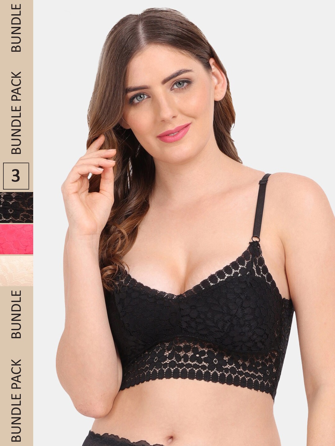 

Amour Secret Pack Of 3 Floral Bralette Lace Bra, Black