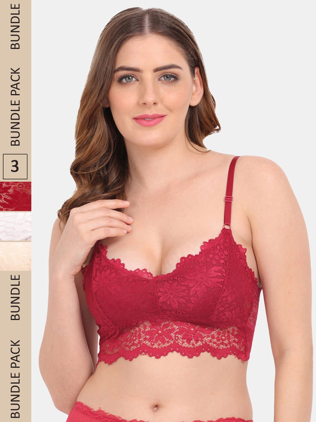 

Amour Secret Pack Of 3 Floral Bralette Lace Bra, Maroon