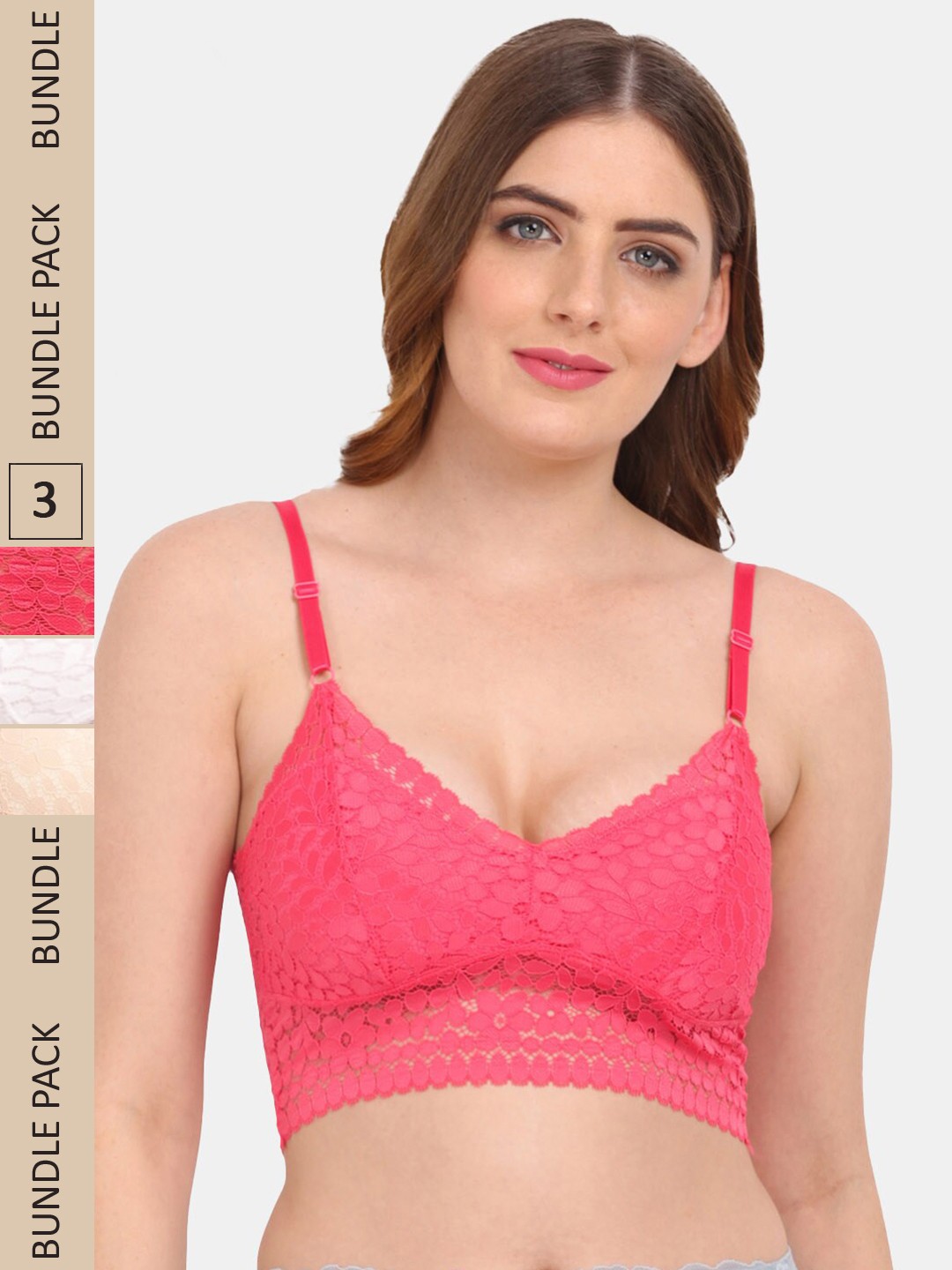 

Amour Secret Pack Of 3 Floral Bralette Lace Bra, Coral