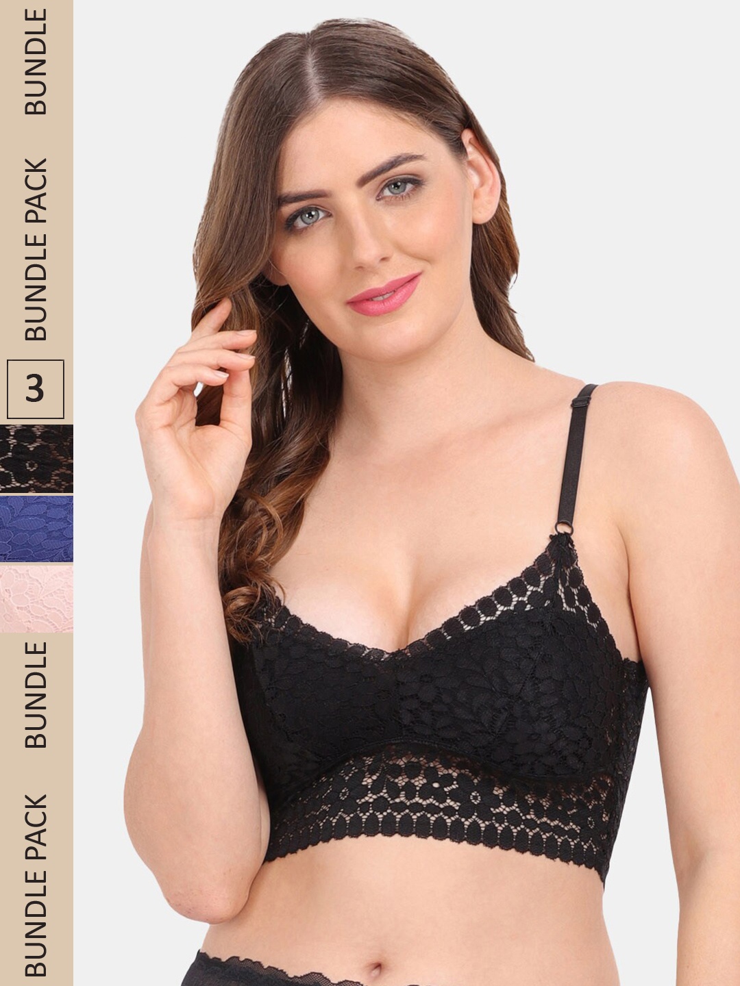 

Amour Secret Pack Of 3 Floral Bralette Lace Bra, Black