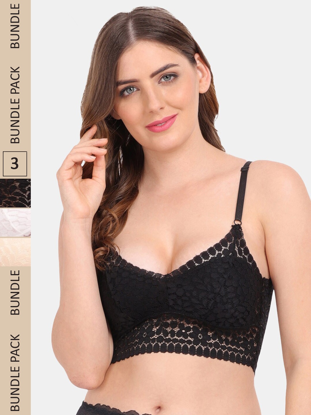 

Amour Secret Pack of 3 Floral Lightly Padded Bralette Lace Bra, Black