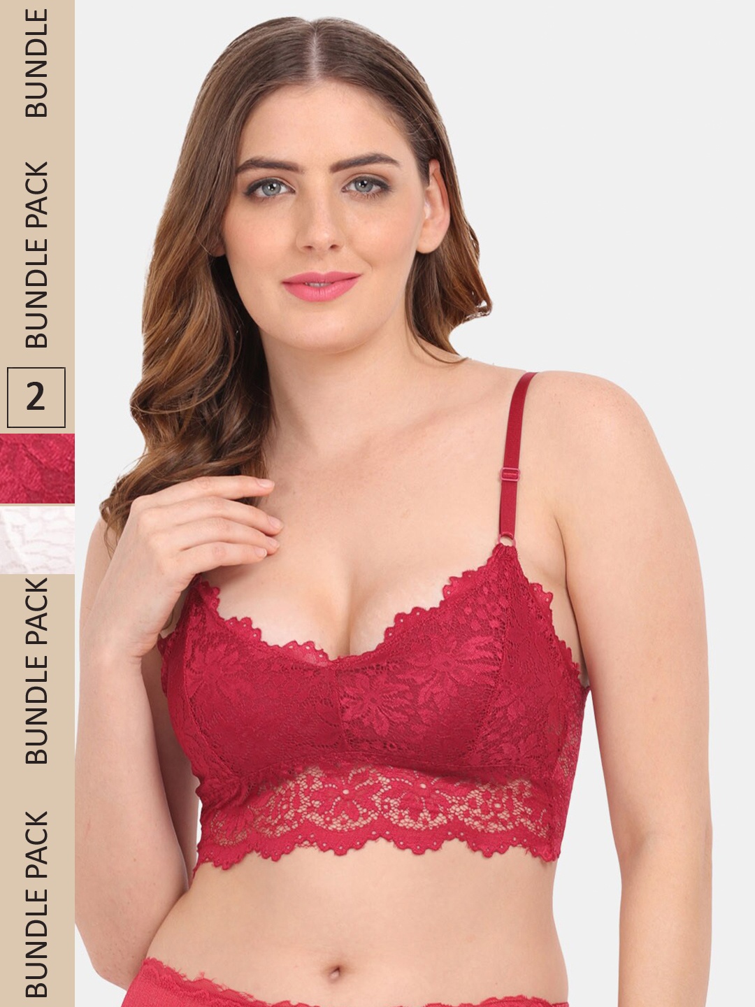 

Amour Secret Pack of 2 Floral Lightly Padded Bralette Lace Bra PD53162_Mrn_Wht, Maroon