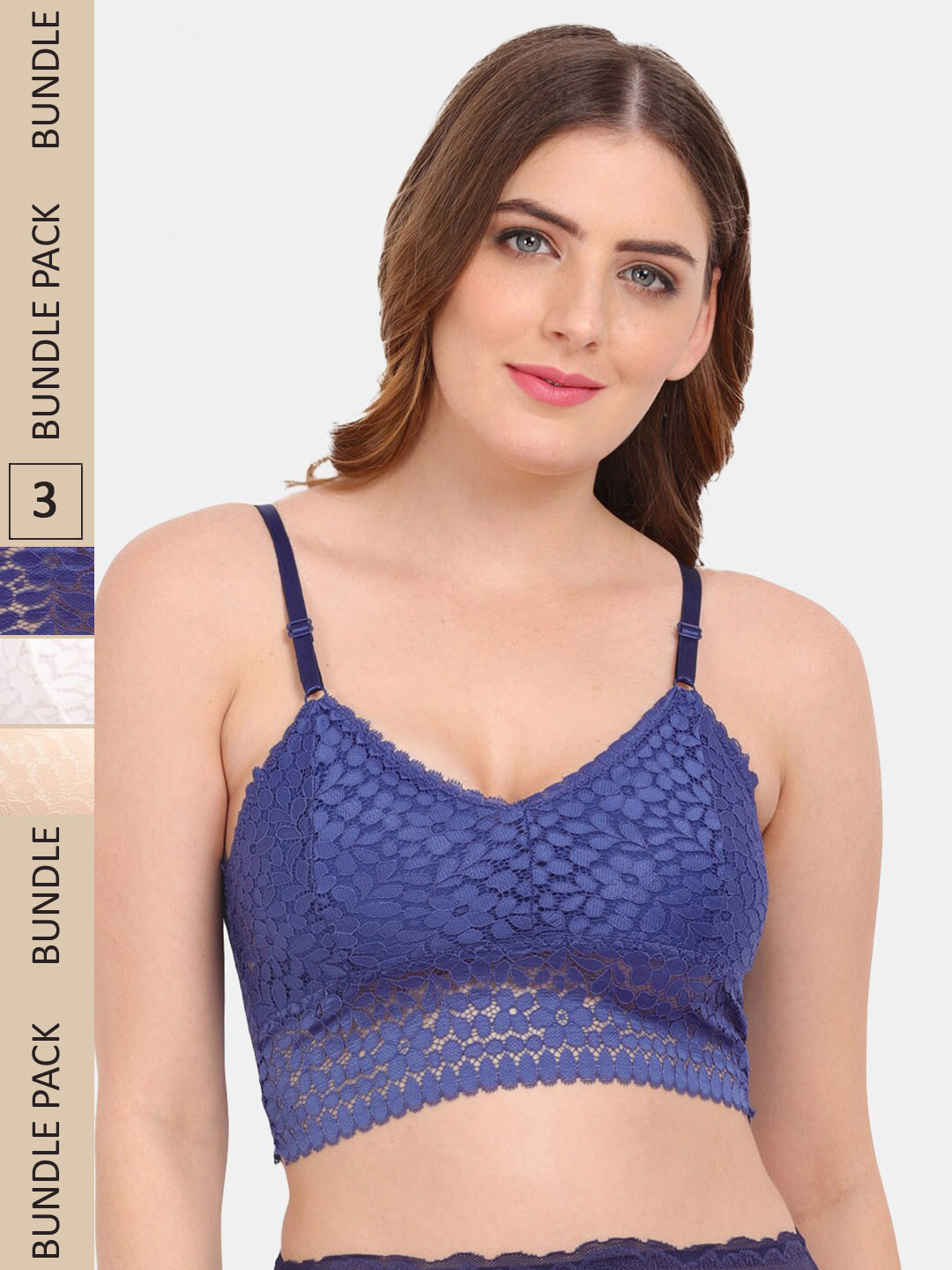 

Amour Secret Pack of 3 Floral Lightly Padded Lace Bra PD53162_Dblu_Skn_Wht, Blue