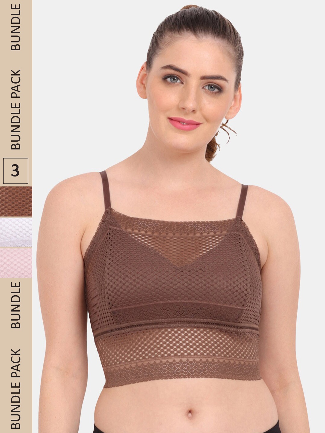 

Amour Secret Pack of 3 Floral Lightly Padded Bralette LaceBra PD837_Bwn_Gry_Pnk, Brown