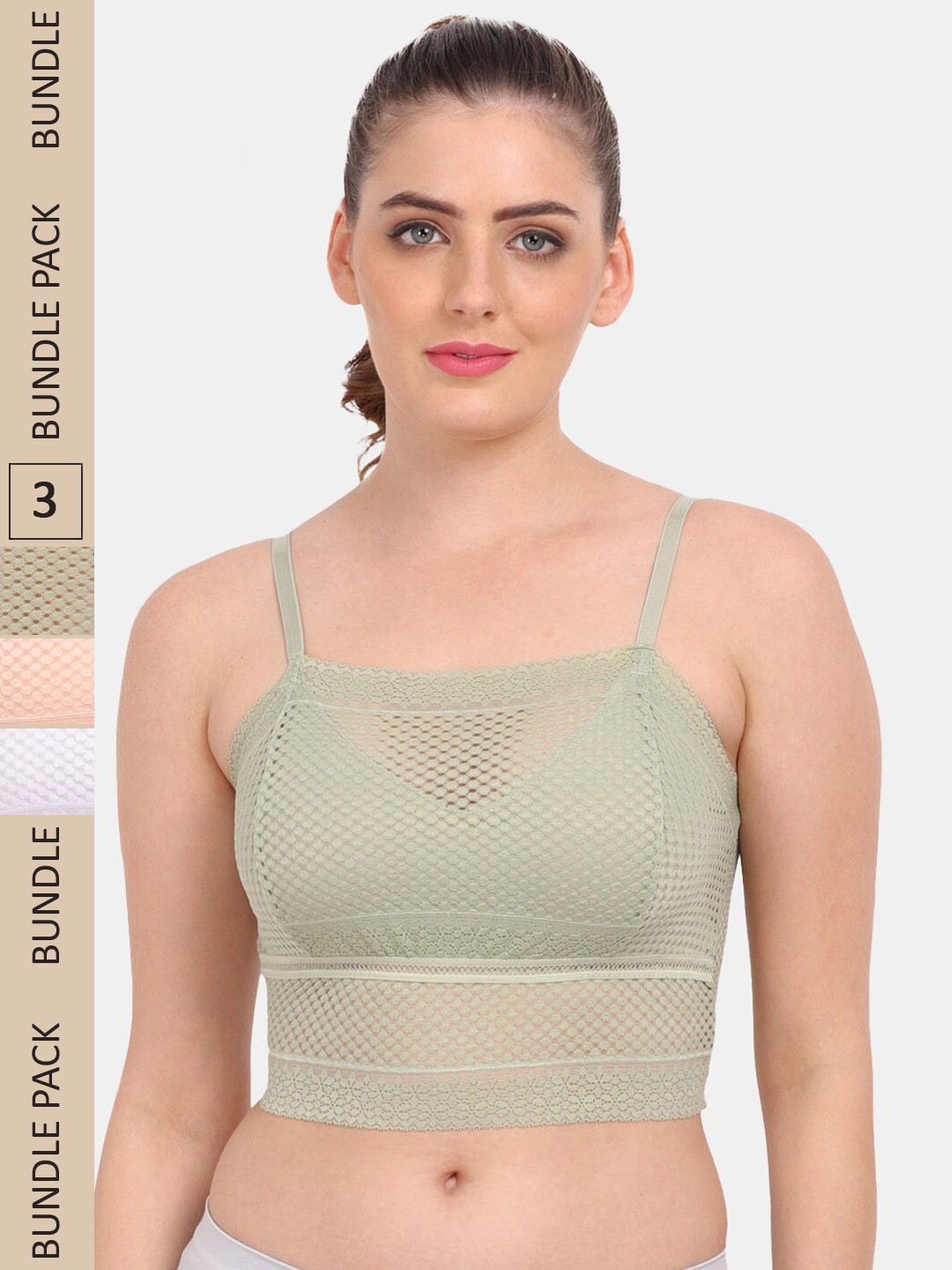 

Amour Secret Pack of 3 Floral Lightly Padded Bralette Lace Bra PD837_Grn_Gry_Skn, Green
