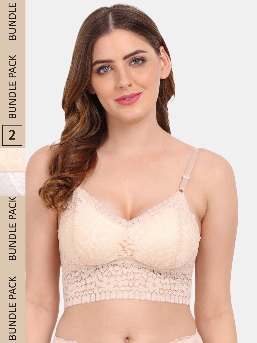 

Amour Secret Pack of 2 Floral Lightly Padded Lace Bralette Bra PD53162_Skn_Wht, Nude