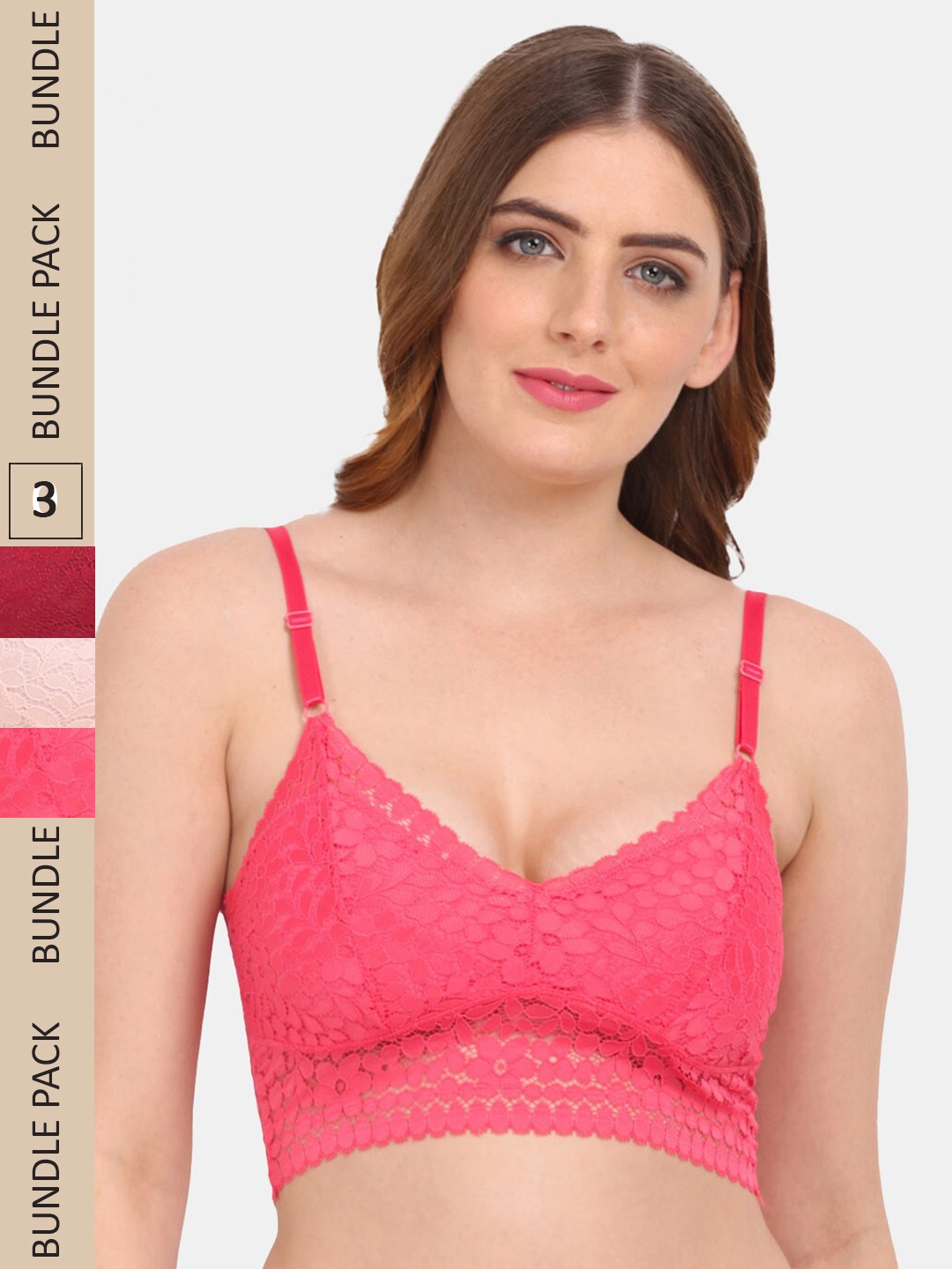 

Amour Secret Pack of 3 Floral Lightly Padded Lace Bralette Bra PD53162_Crl_Mrn_Pch, Coral