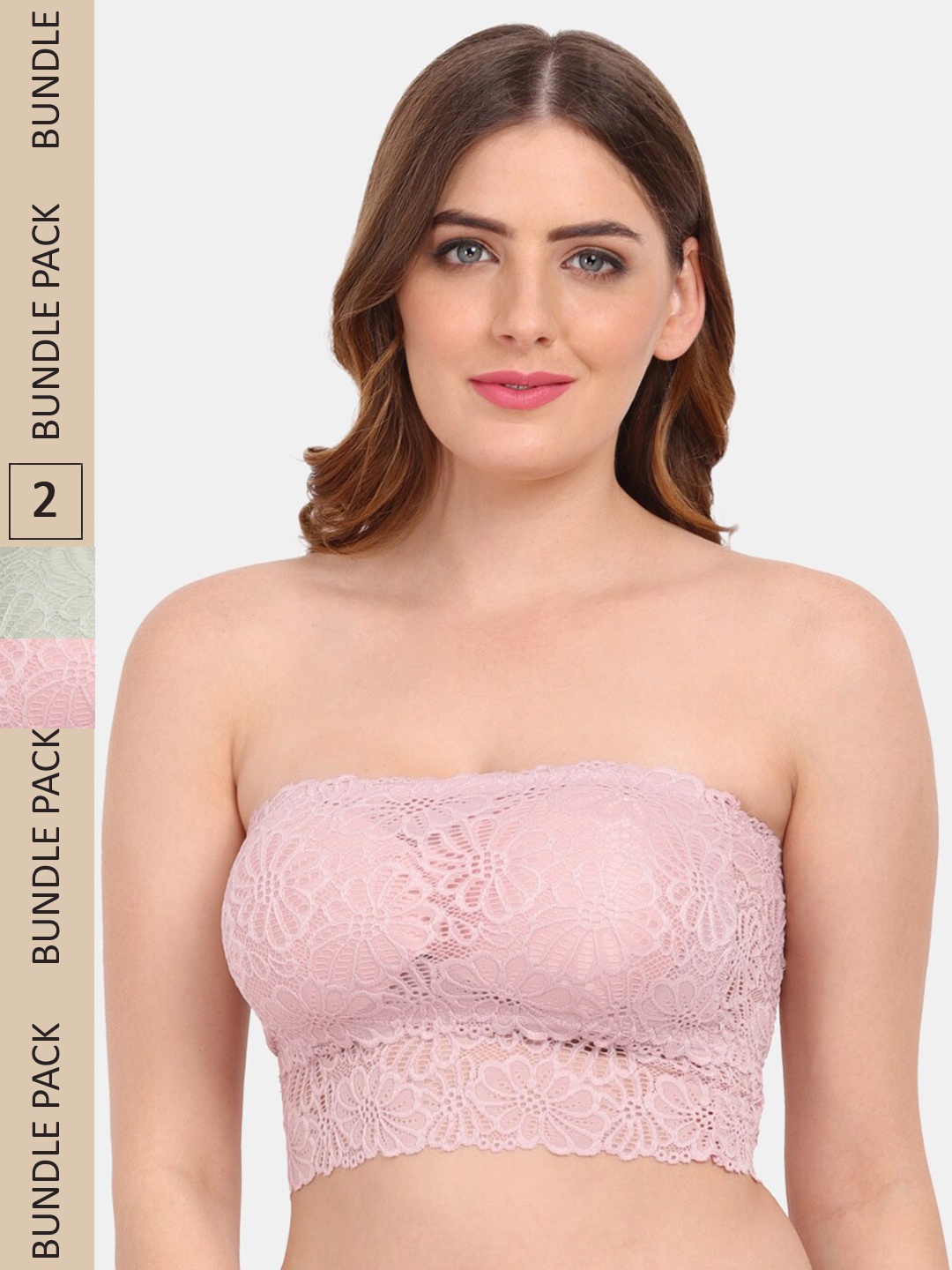 

Amour Secret Pack of 2 Floral Lightly Padded Strapless Lace Tube Bra TB9090_Grn_Pnk, Green