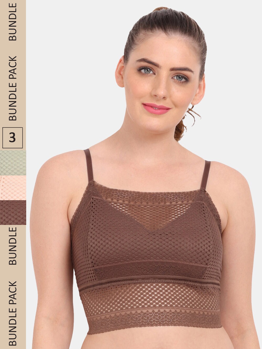 

Amour Secret Pack of 3 Floral Bralette Bra Lightly Padded, Brown