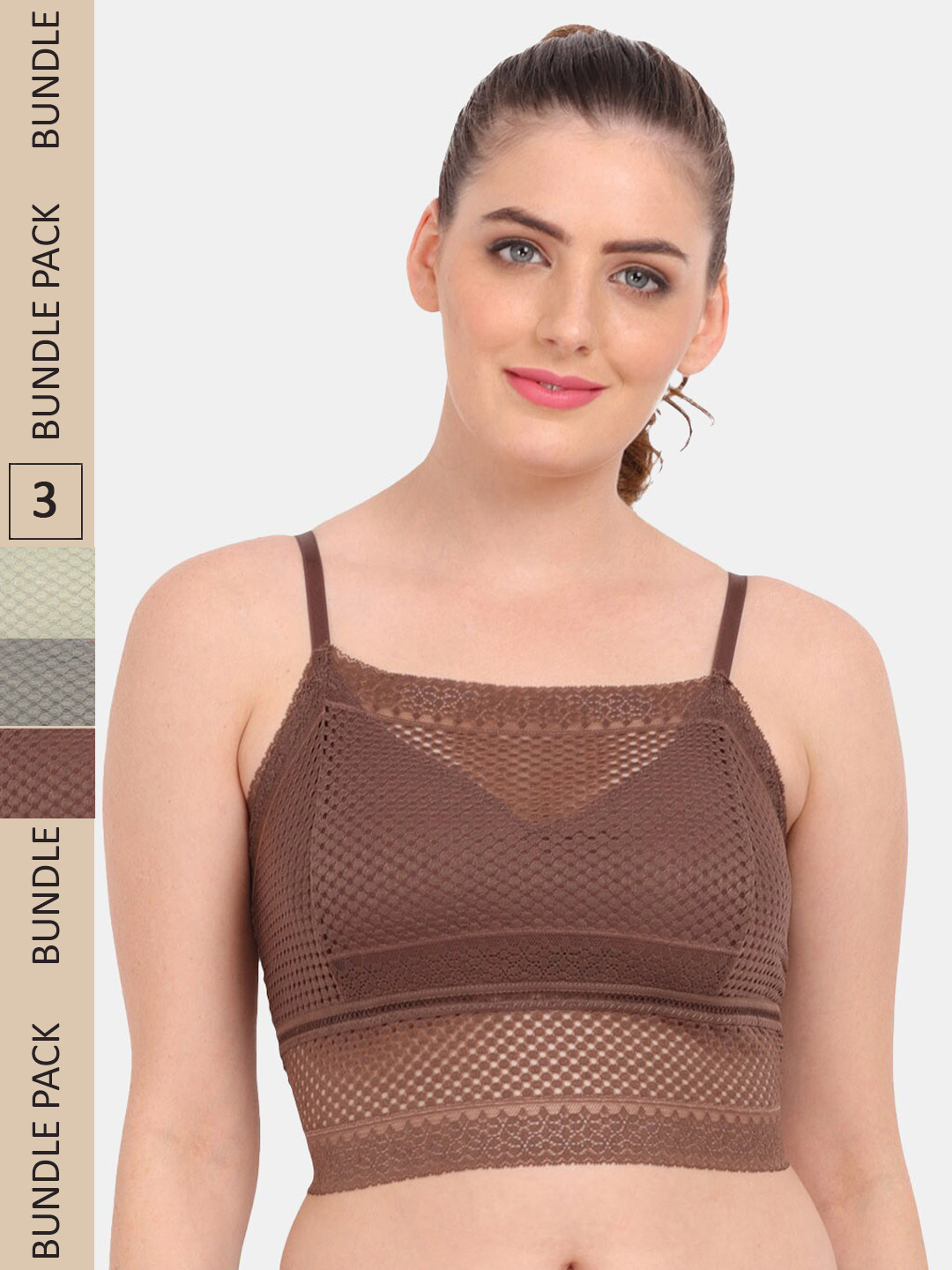 

Amour Secret Pack of 3 Floral Lace Bralette Bra - Lightly Padded, Brown