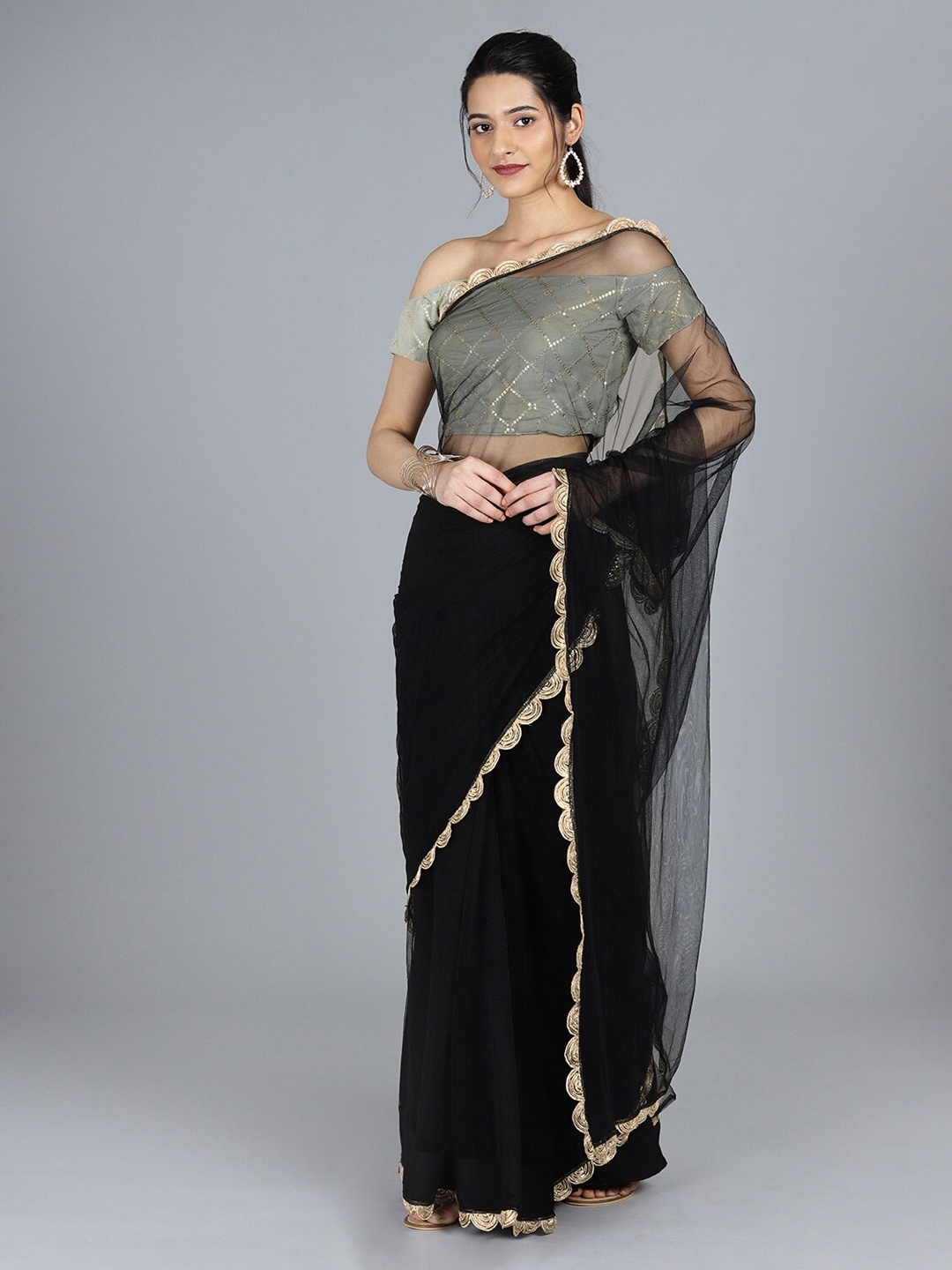 

Ethnovog Plus Size Embellished Off Shoulder Saree Blouse, Grey