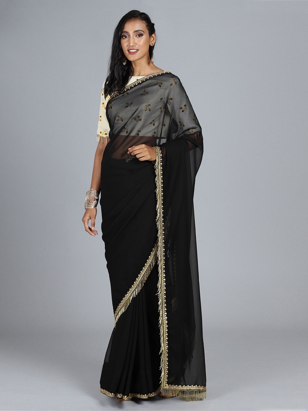 

Ethnovog Plus Size Embroidered Boat Neck Cotton Saree Blouse, Off white