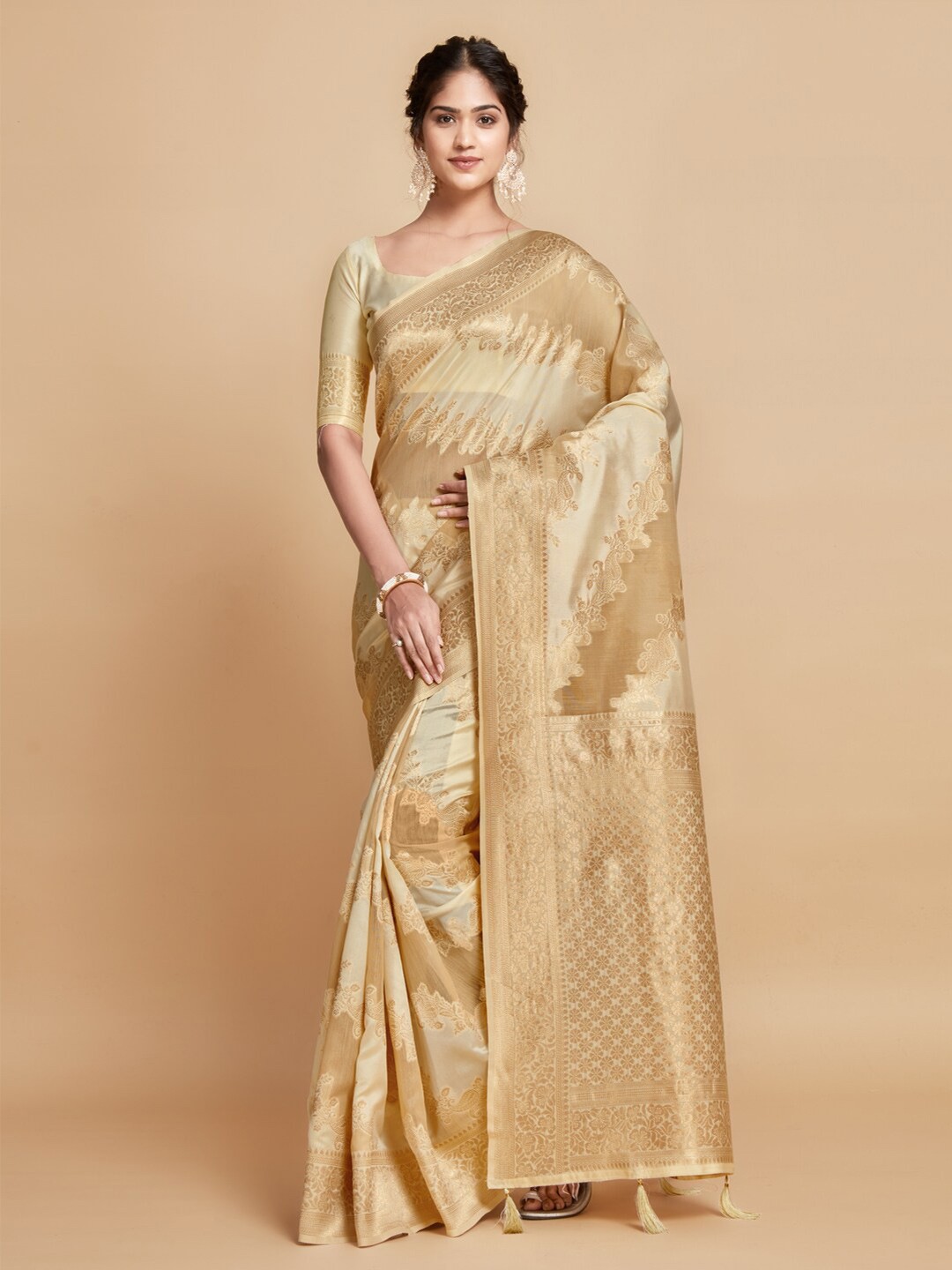 

GAJARAI Beige & Copper-Toned Woven Design Zari Linen Blend Ready to Wear Kanjeevaram Saree