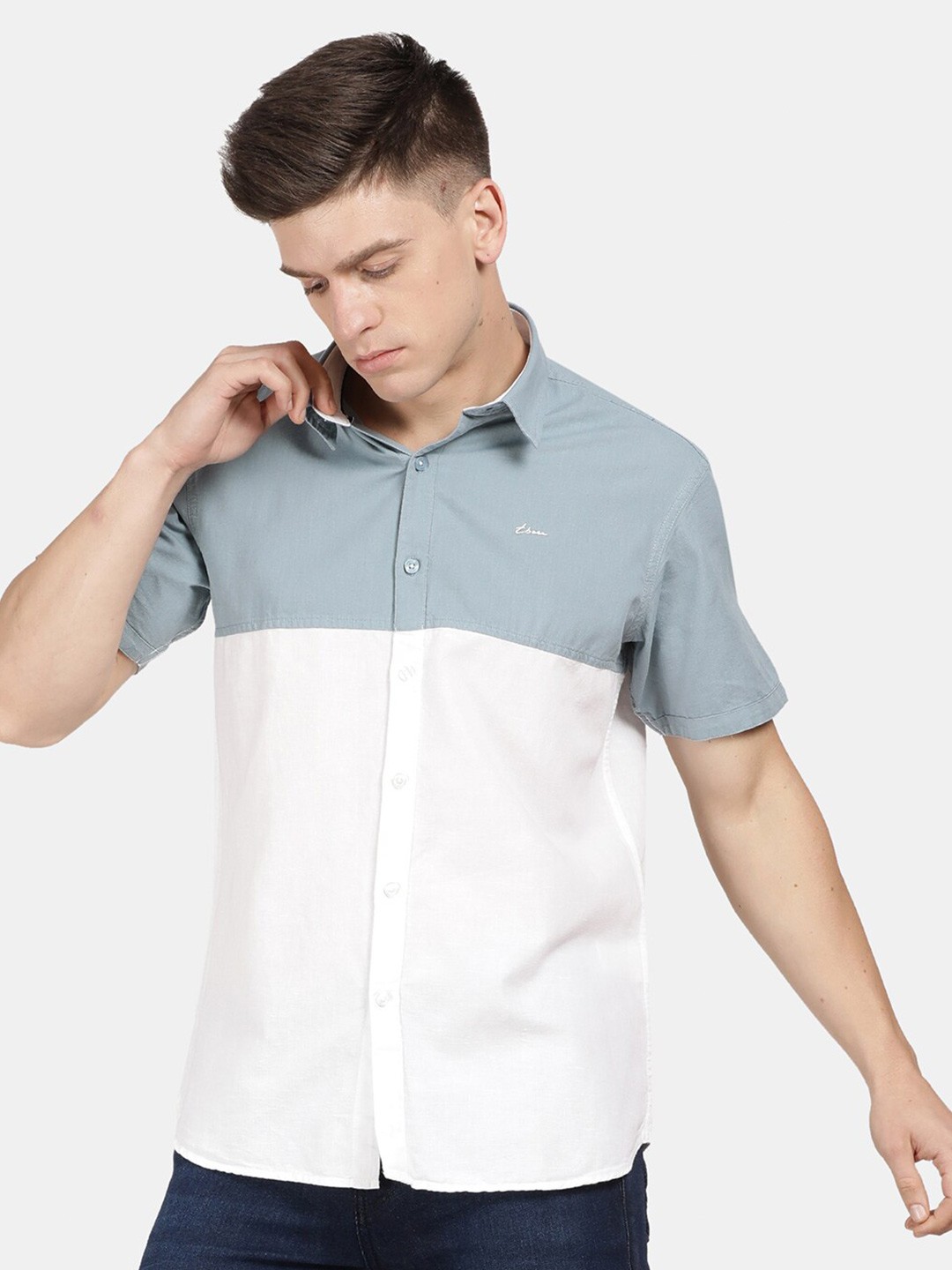 

t-base Men Cotton Colourblocked Casual Shirt, Grey
