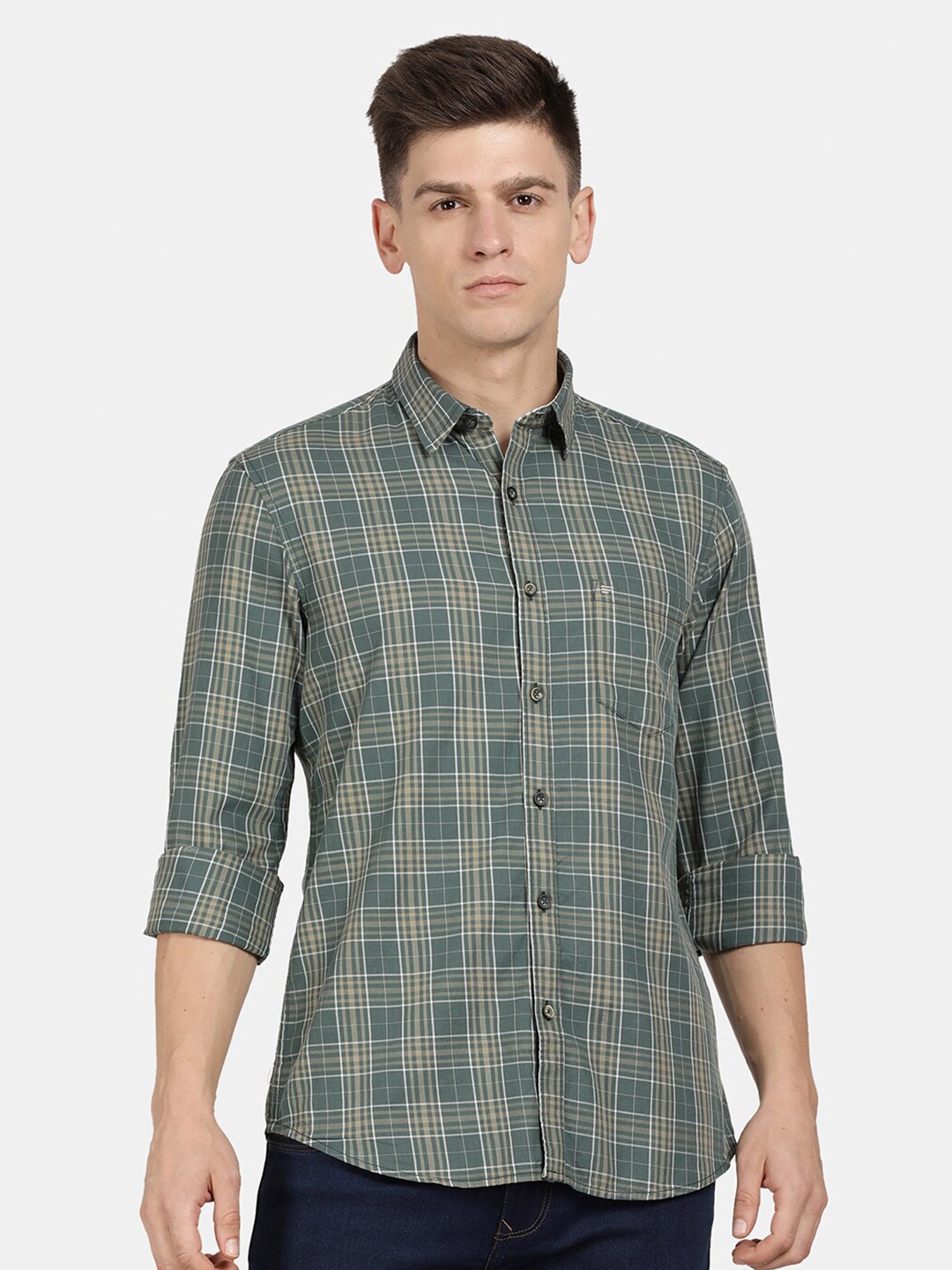 

t-base Men Tartan Checks Checked Cotton Casual Shirt, Green
