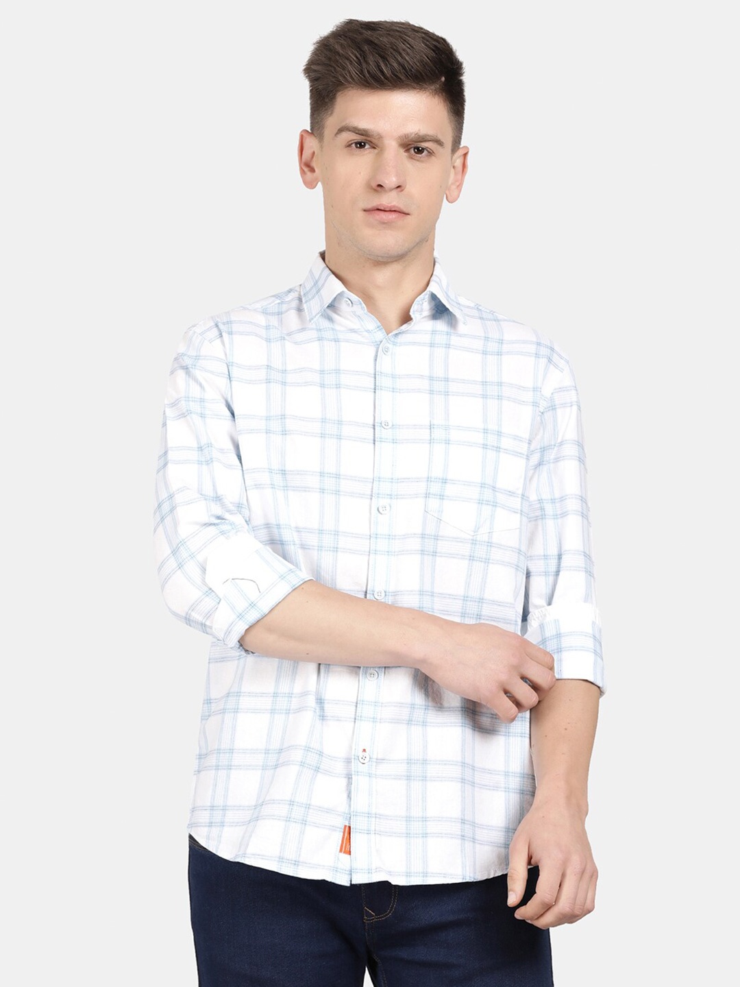 

t-base Men Tartan Checks Checked Cotton Casual Shirt, White