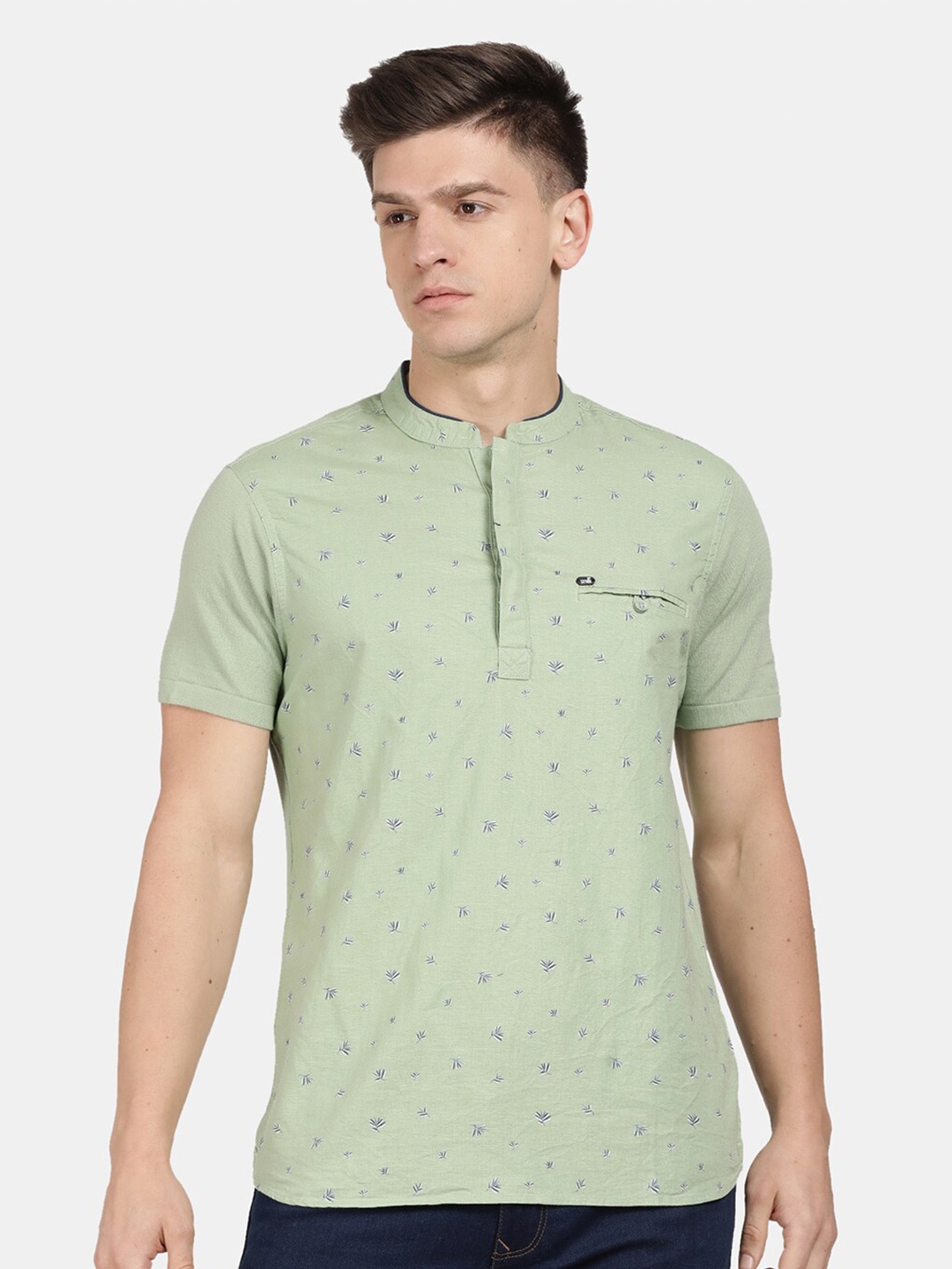 

t-base Men Printed Mandarin Collar Casual Cotton Shirt, Green