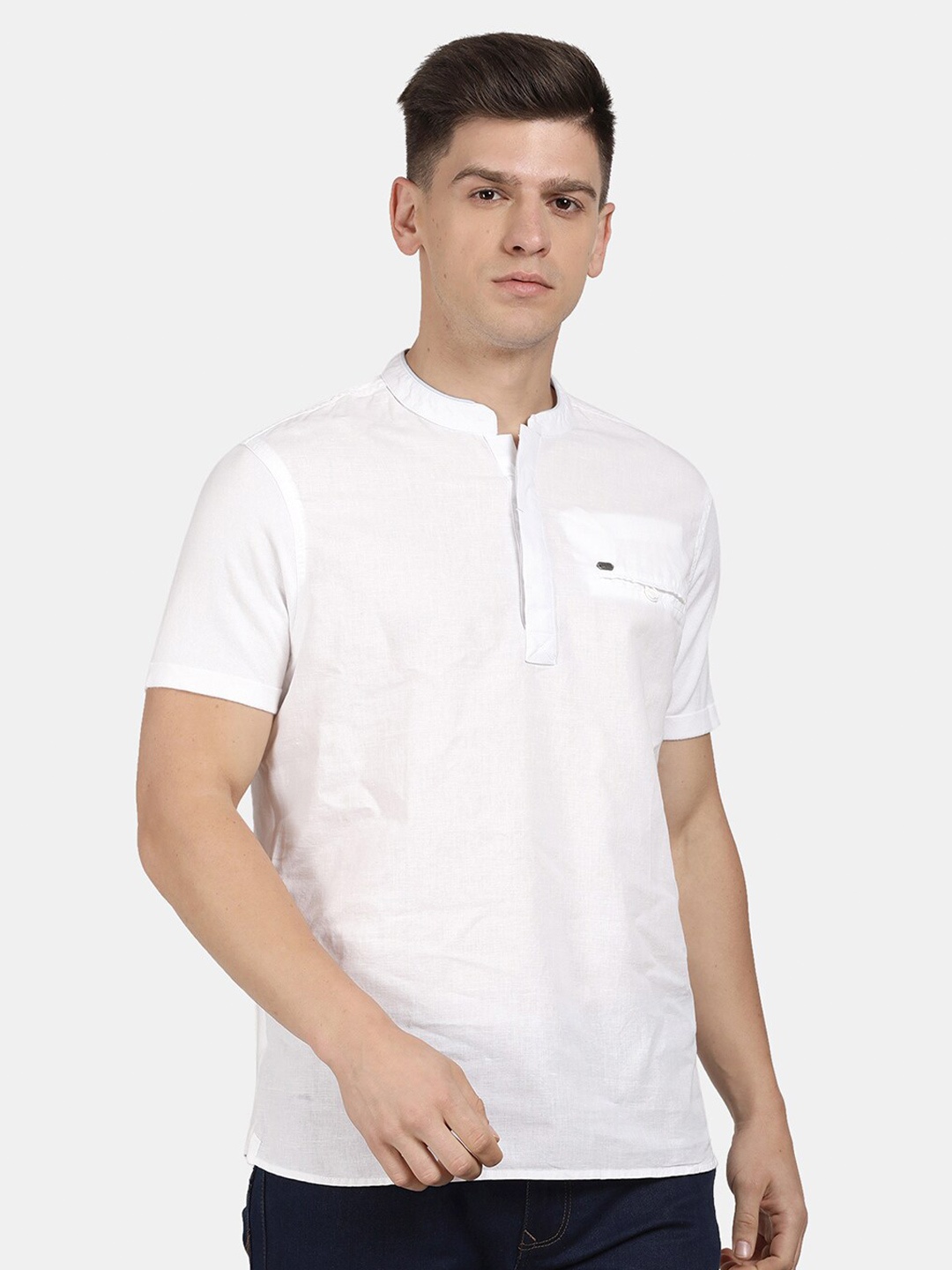 

t-base Men Mandarin Collar Casual Cotton Shirt, White