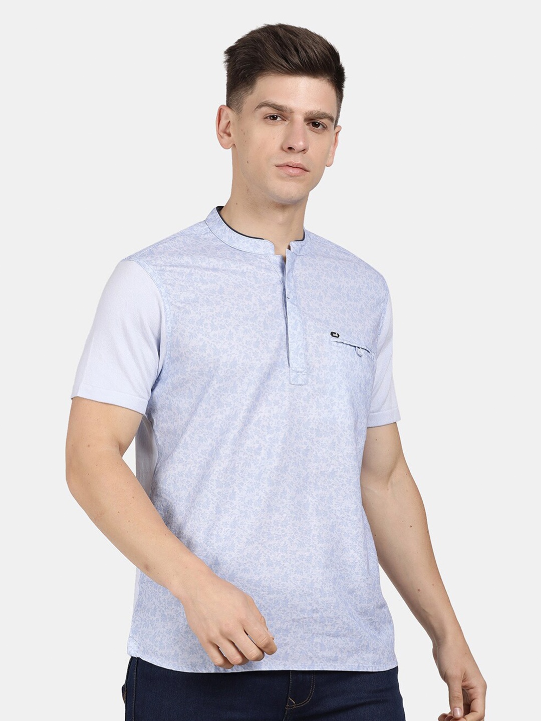 

t-base Men Floral Printed Mandarin Collar Casual Cotton Shirt, Blue