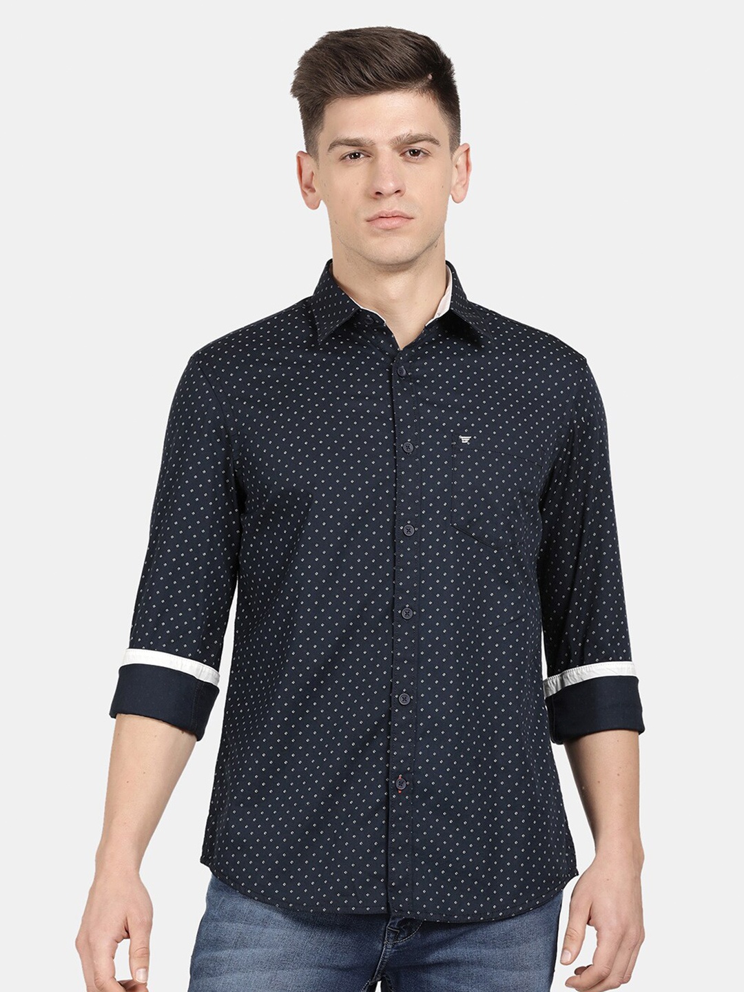 

t-base Men Cotton Printed Casual Shirt, Navy blue