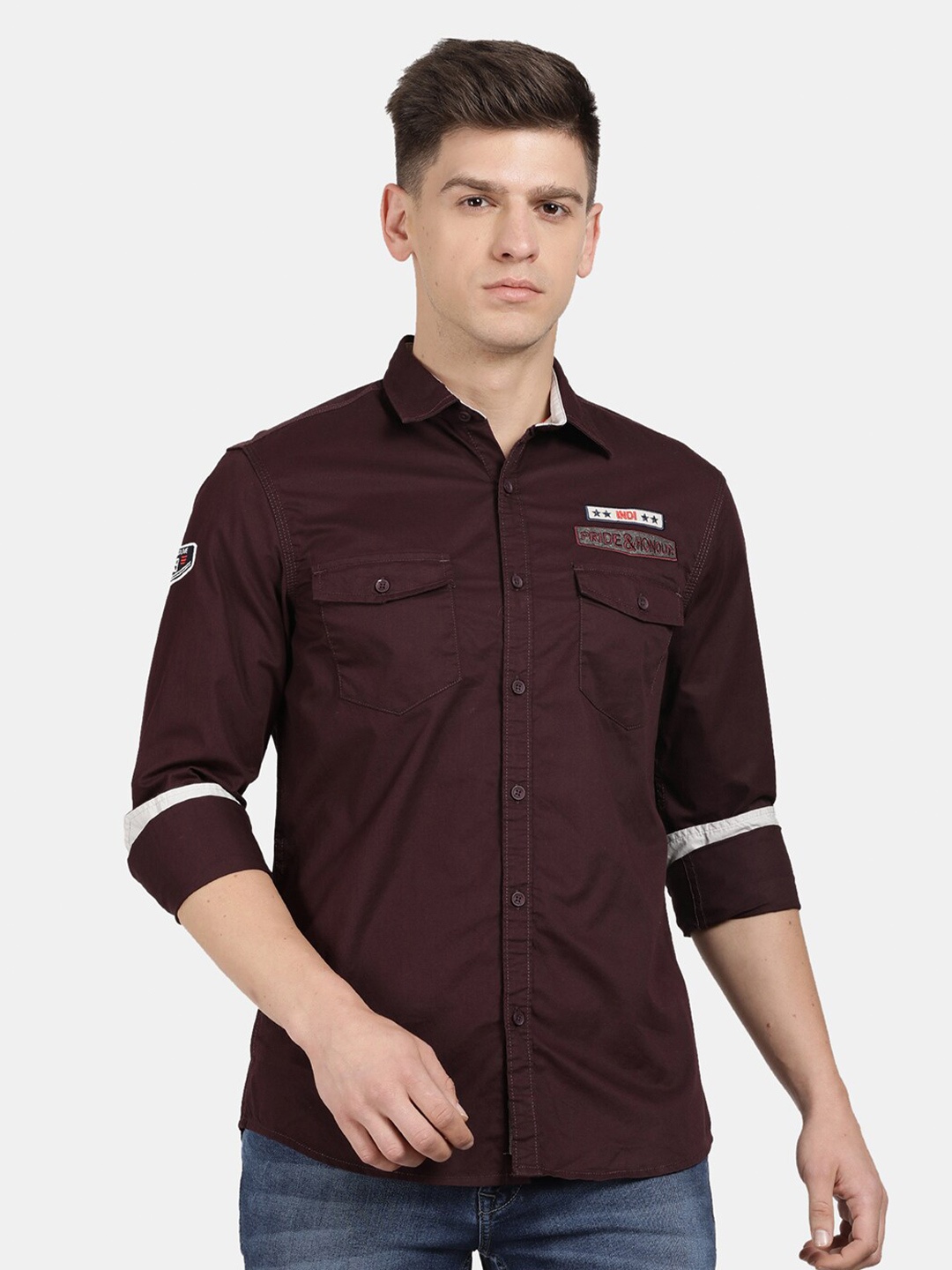 

t-base Men Spread Collar Cotton Casual Shirt, Red