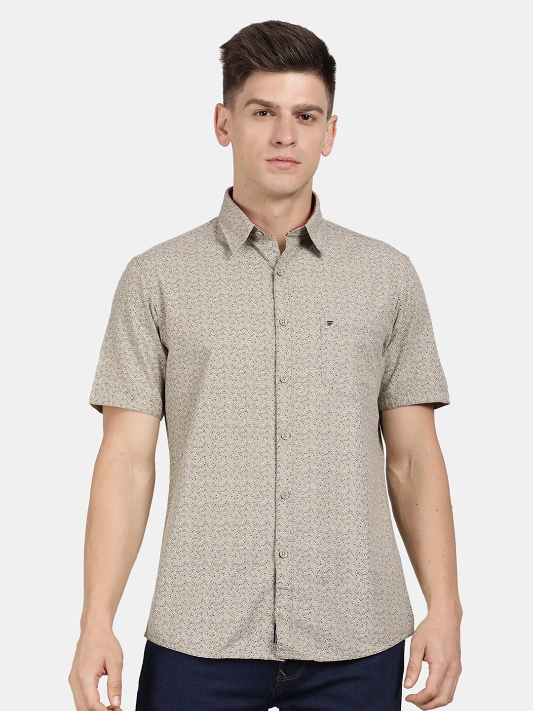 

t-base Men Printed Casual Cotton Shirt, Beige