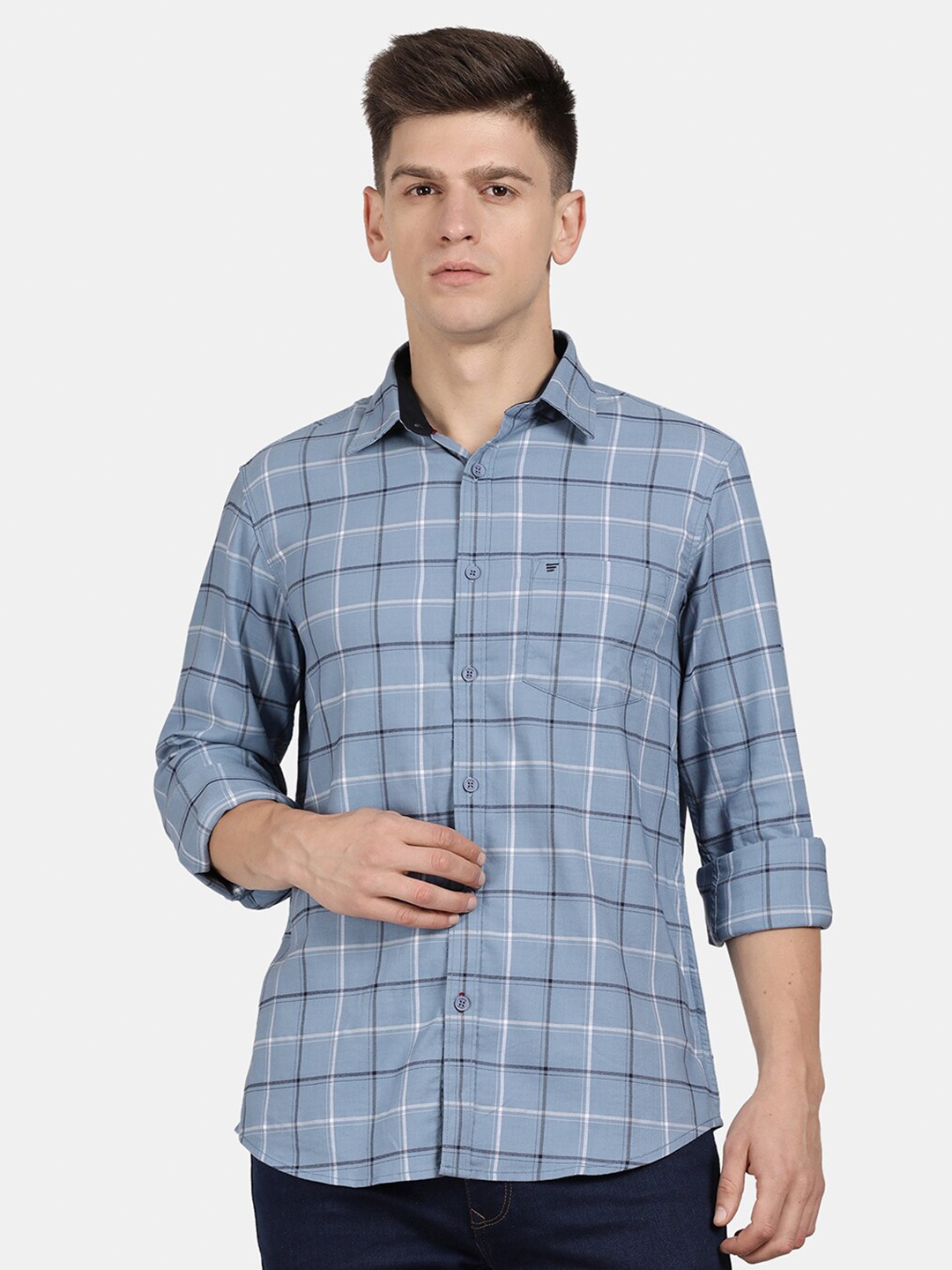 

t-base Men Tartan Checked Cotton Casual Shirt, Grey