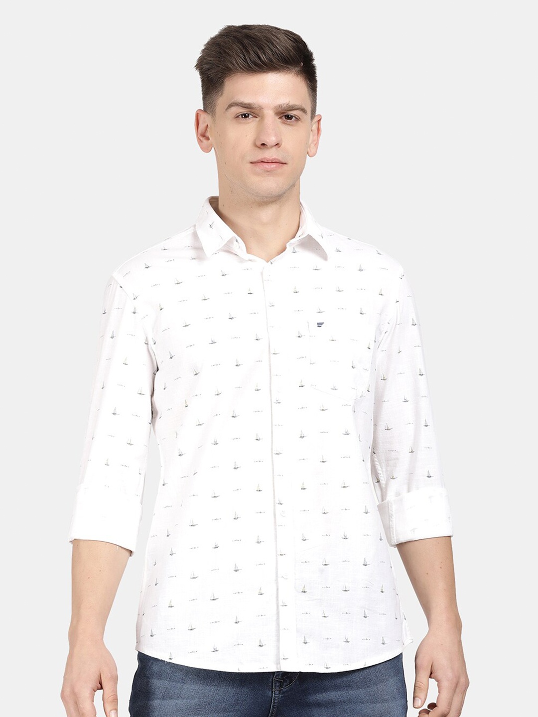 

t-base Men Cotton Conversational Printed Casual Shirt, White