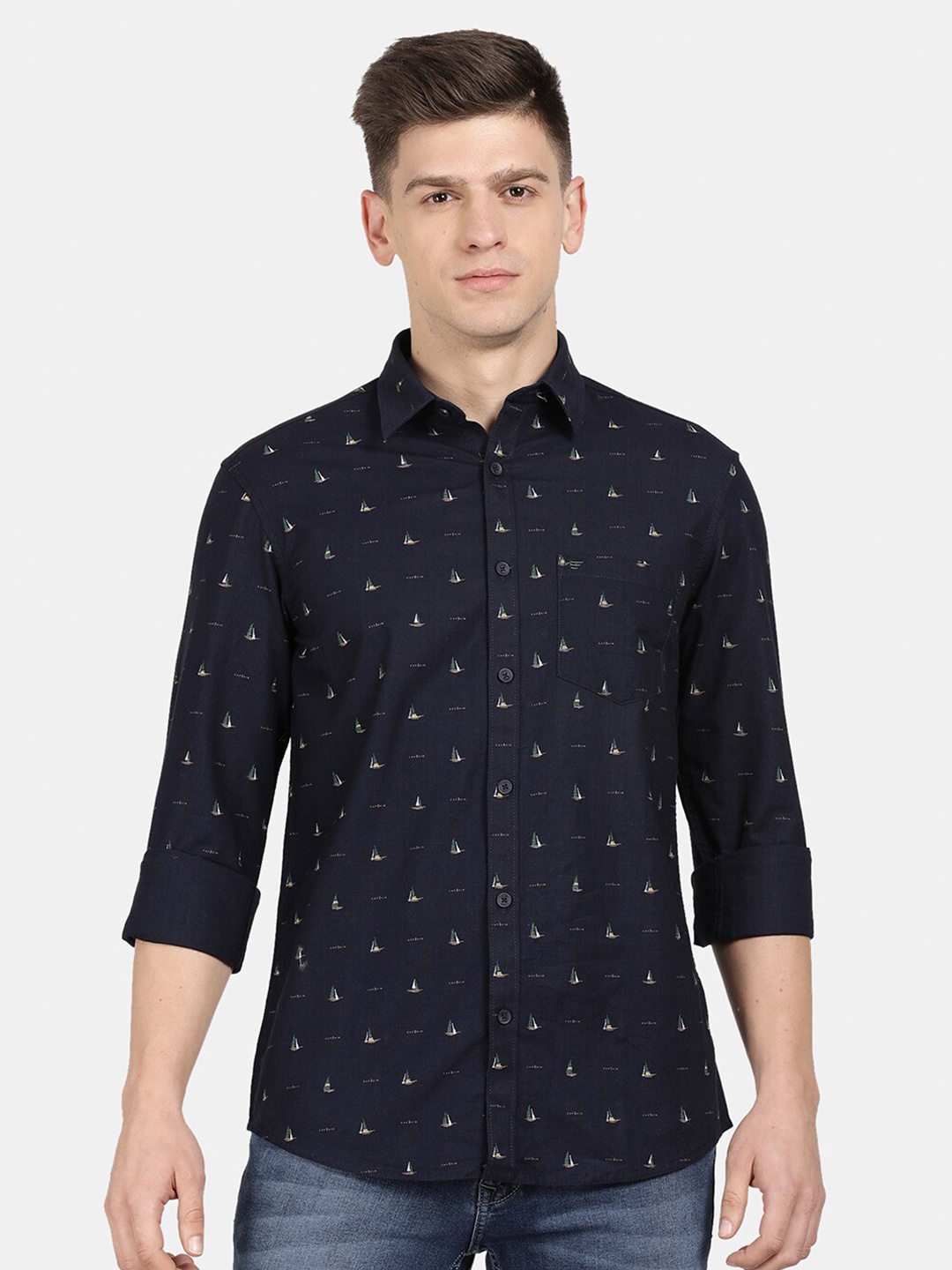 

t-base Men Conversational Printed Casual Shirt, Navy blue