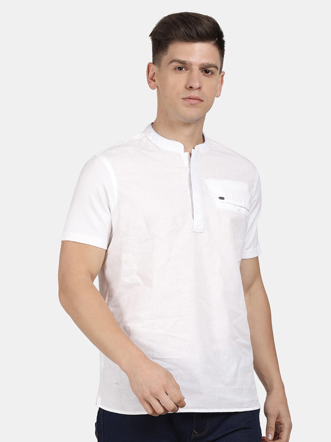 

t-base Men Solid Cotton Linen Casual Shirt, White