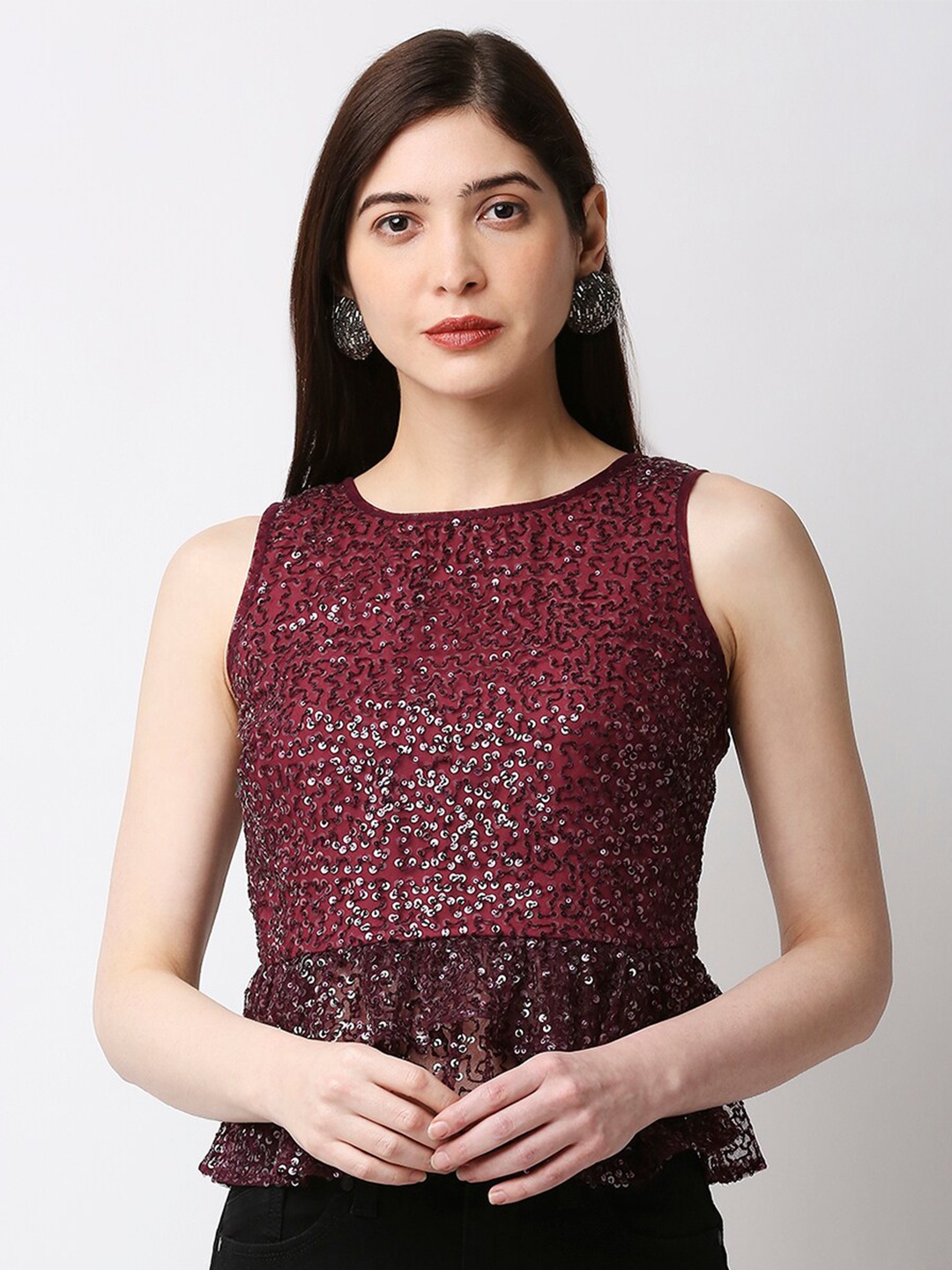 

aaliya Round Neck Embellished Crop Top, Maroon