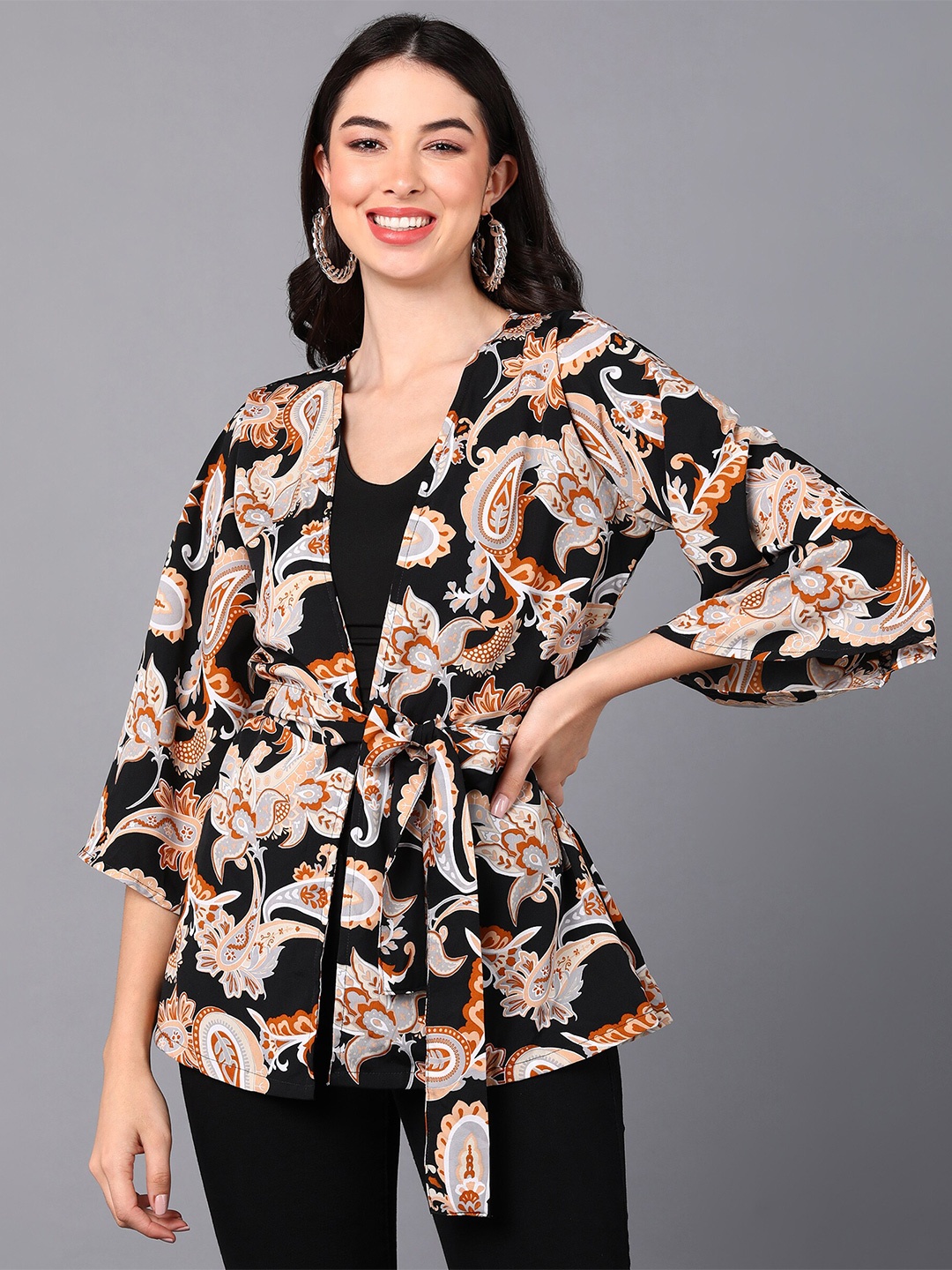 

Fashfun Women Printed Tie-Up Shrug, Black