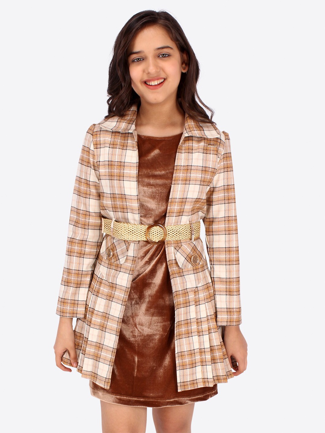 

CUTECUMBER Girls A-Line Dress Comes With Full Sleeves Jacket, Brown