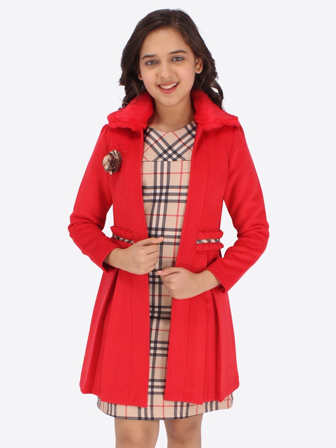 

CUTECUMBER Checked Dress Comes With Full Sleeves Jacket, Red