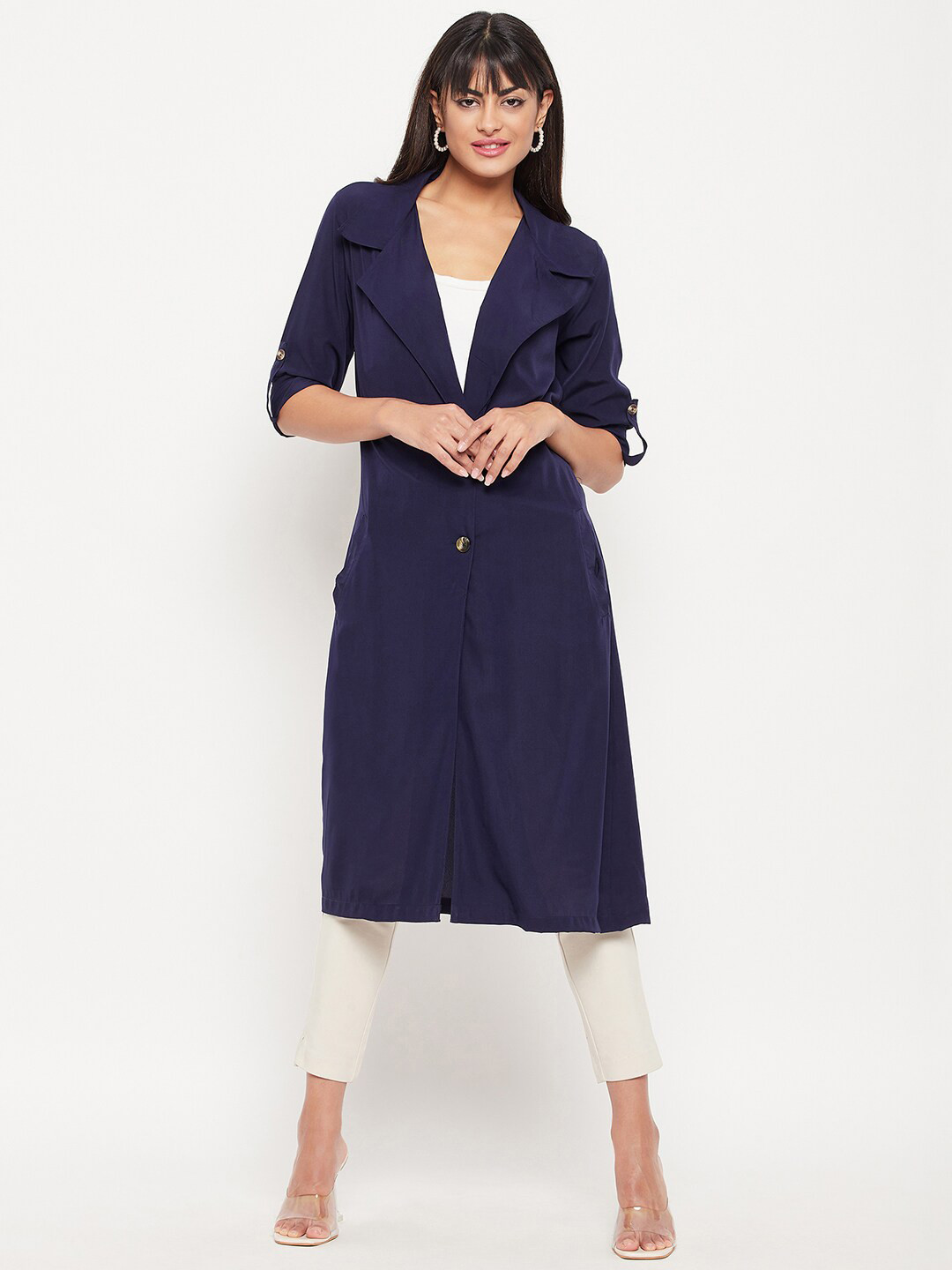 

Color Cocktail Women Longline Indigo Button Shrug, Navy blue
